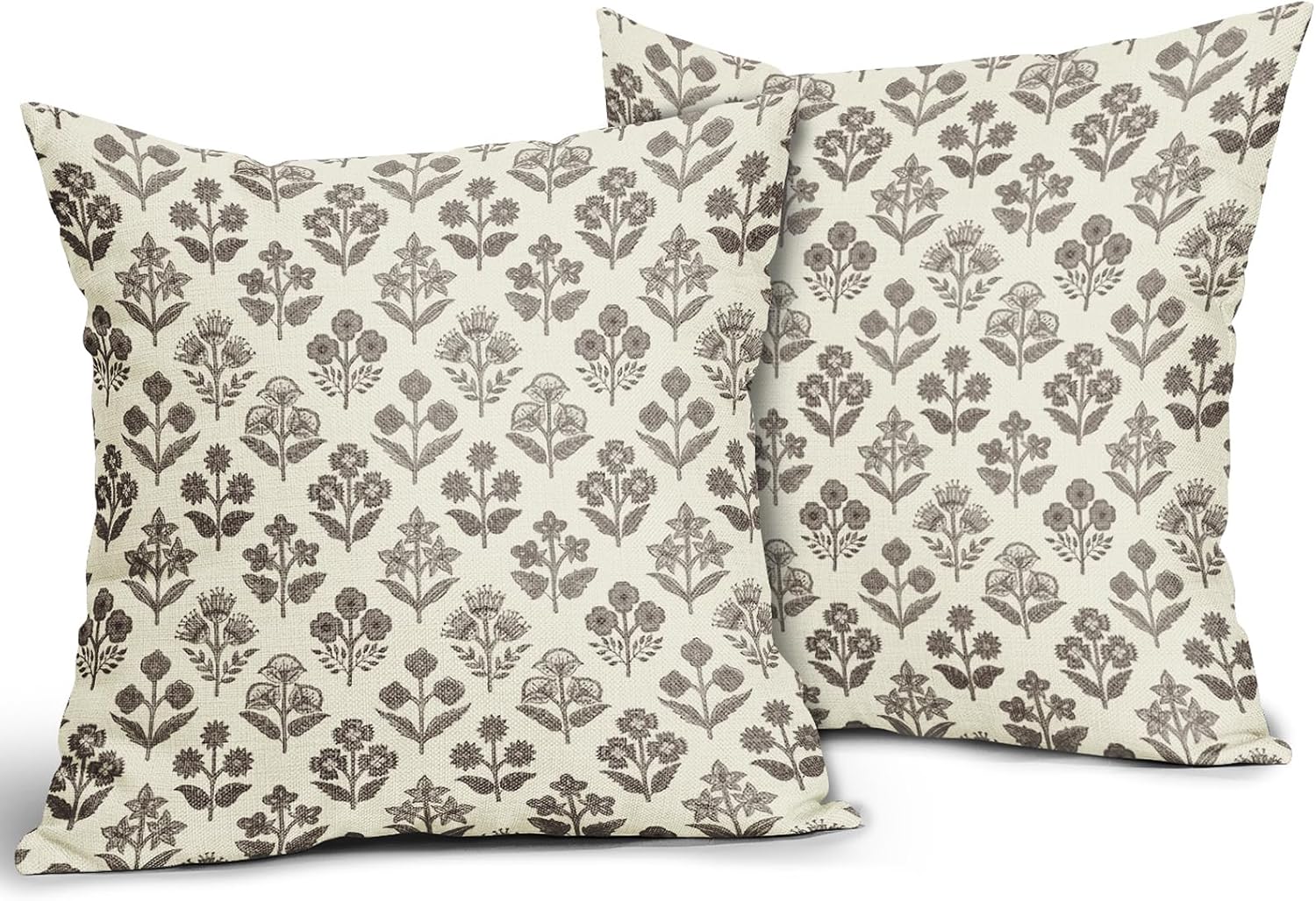 Dark Brown Floral Pillow Covers 18x18 Inch Set of 2, Vintage Flower Block Print Pattern Decorative Throw Pillowcases Outdoor Farmhouse…