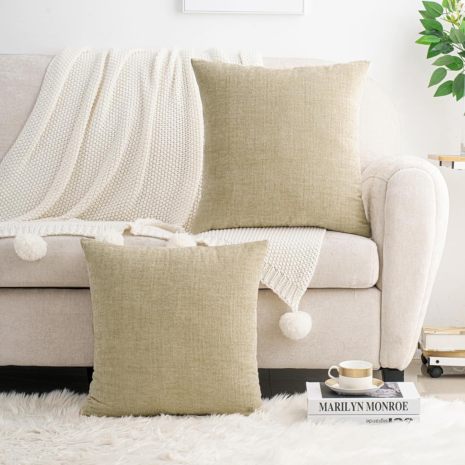 Hwy50 HWY 50 Beige Couch Pillow Covers 22x22 Inch Pack of 2, Soft Chenille Decorative Throw Pillow Cases Farmhouse for Sofa Living Room Bed…