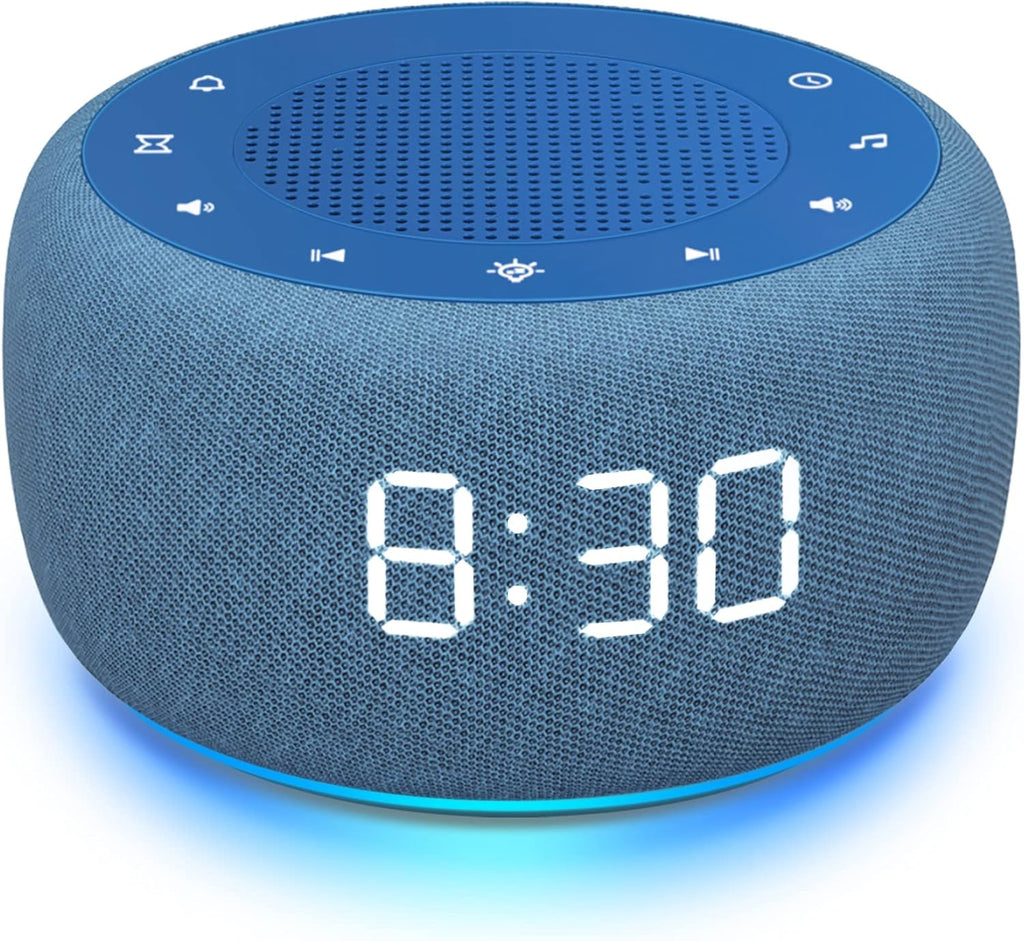 Buffbee Sound Machine & Alarm Clock 2-in-1, 0-100% Clock Face Brightness, Bottom Colored Light, Sleep Timer, Precise 30-Level Volume…