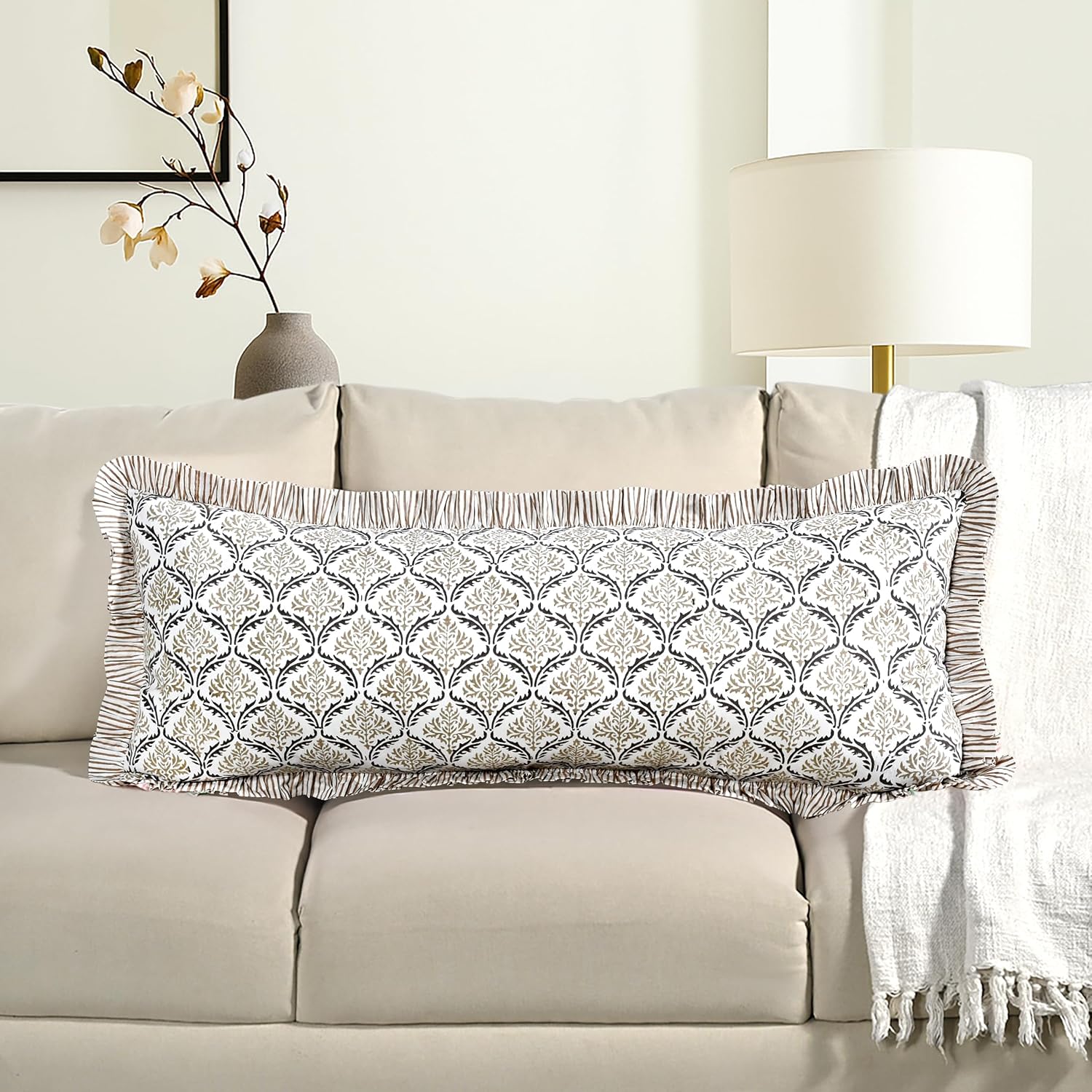 Cottonprintclub CPC Hand Block Print Sandstone Regal Ruffle Sham Pillow Cover 36" x 14" inch Hidden Zipper Decorative Pillowcase for Couch,…