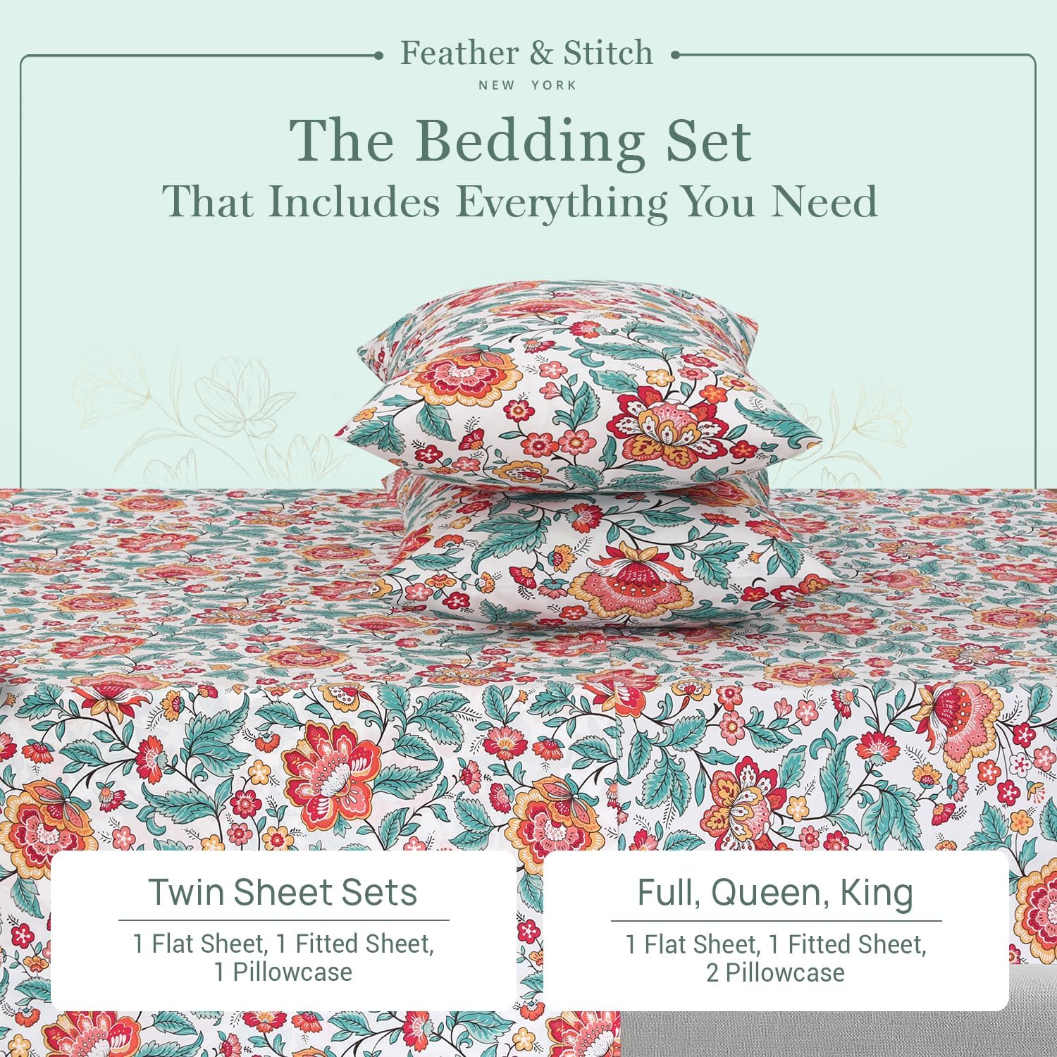 Featherstitchnewyork Feather & Stitch Softest 100% Cotton Sheets, 300 Thread Count Percale Weave Bedding, 16" Deep Pocket, Cooling Sheets,…