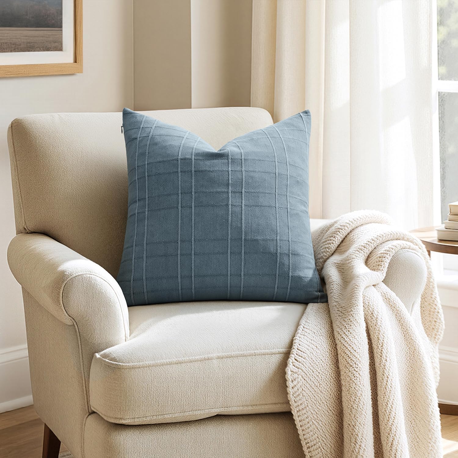 Miulee Decorative Linen Check Euro Shams Throw Pillow Covers Neutral Farmhouse Vintage Pillow Covers 24x24 Set of 2 Boho Modern Home Decor…