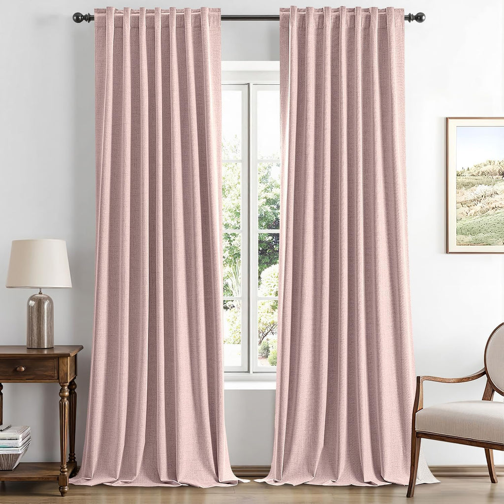 Miulee 100% Blackout Linen Curtains for Bedroom, Pink Solid Luxury Decor Thermal Insulation Room Darkening Drapes for Living Room Nursery B…