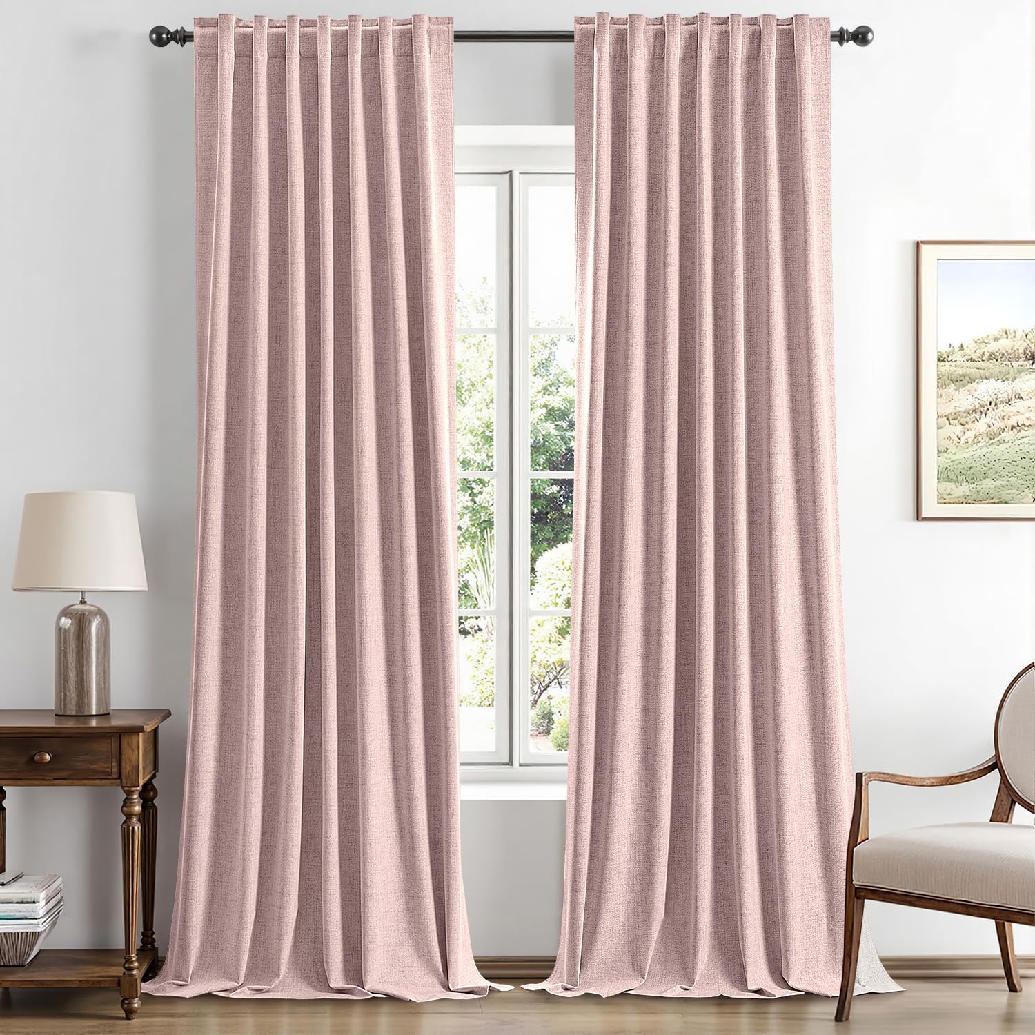 Miulee 100% Blackout Linen Curtains for Bedroom, Pink Solid Luxury Decor Thermal Insulation Room Darkening Drapes for Living Room Nursery B…