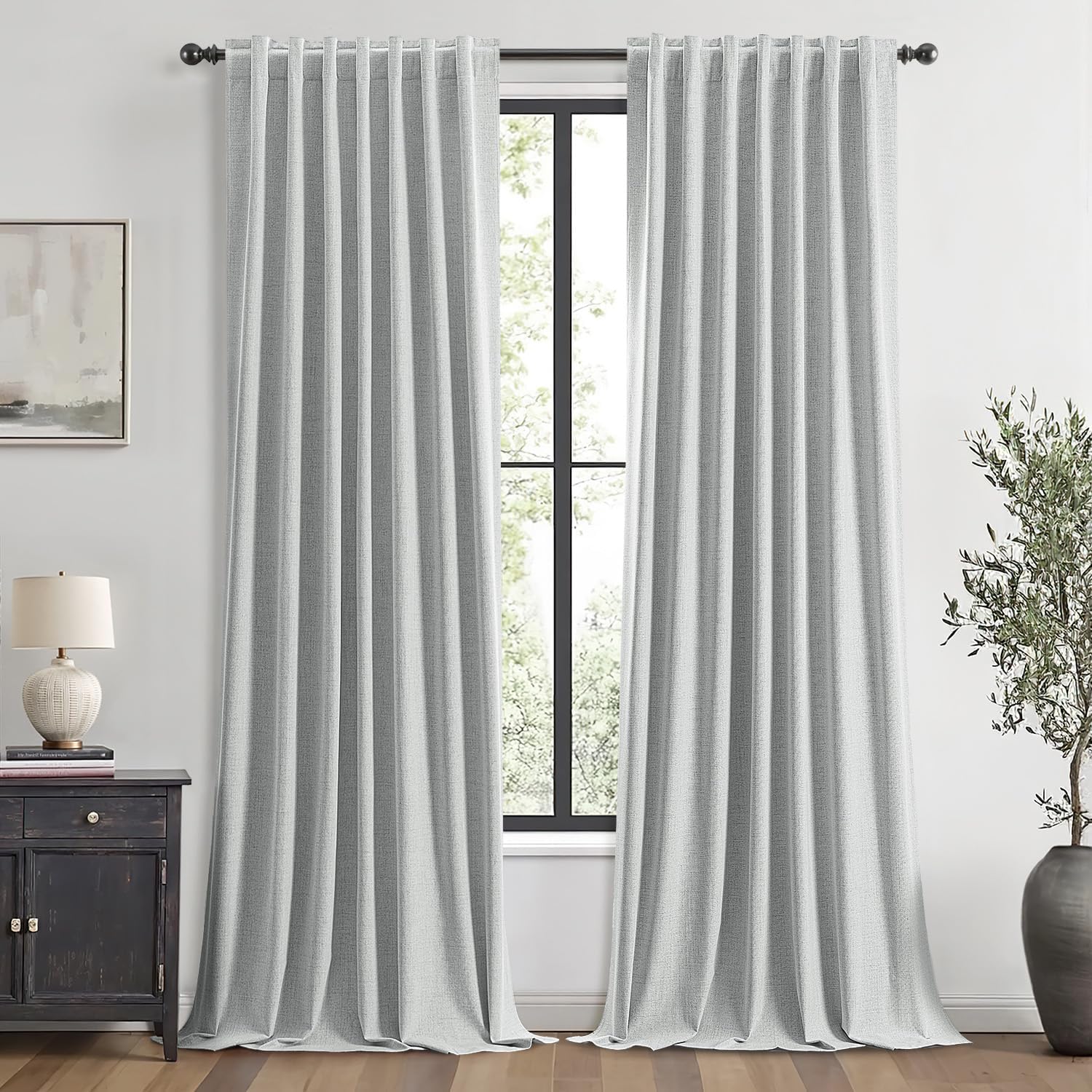 Miulee 100% Blackout Linen Curtains for Bedroom, Grey Solid Luxury Decor Thermal Insulation Room Darkening Drapes for Living Room Nursery B…