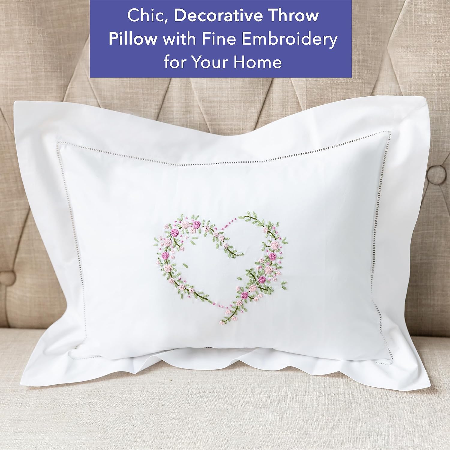 Jacaranda Living Embroidered Boudoir Pillow Cover – Handcrafted Embroidery, Fine Italian Cotton, Decorative Pillow Accent for Bedroom &…