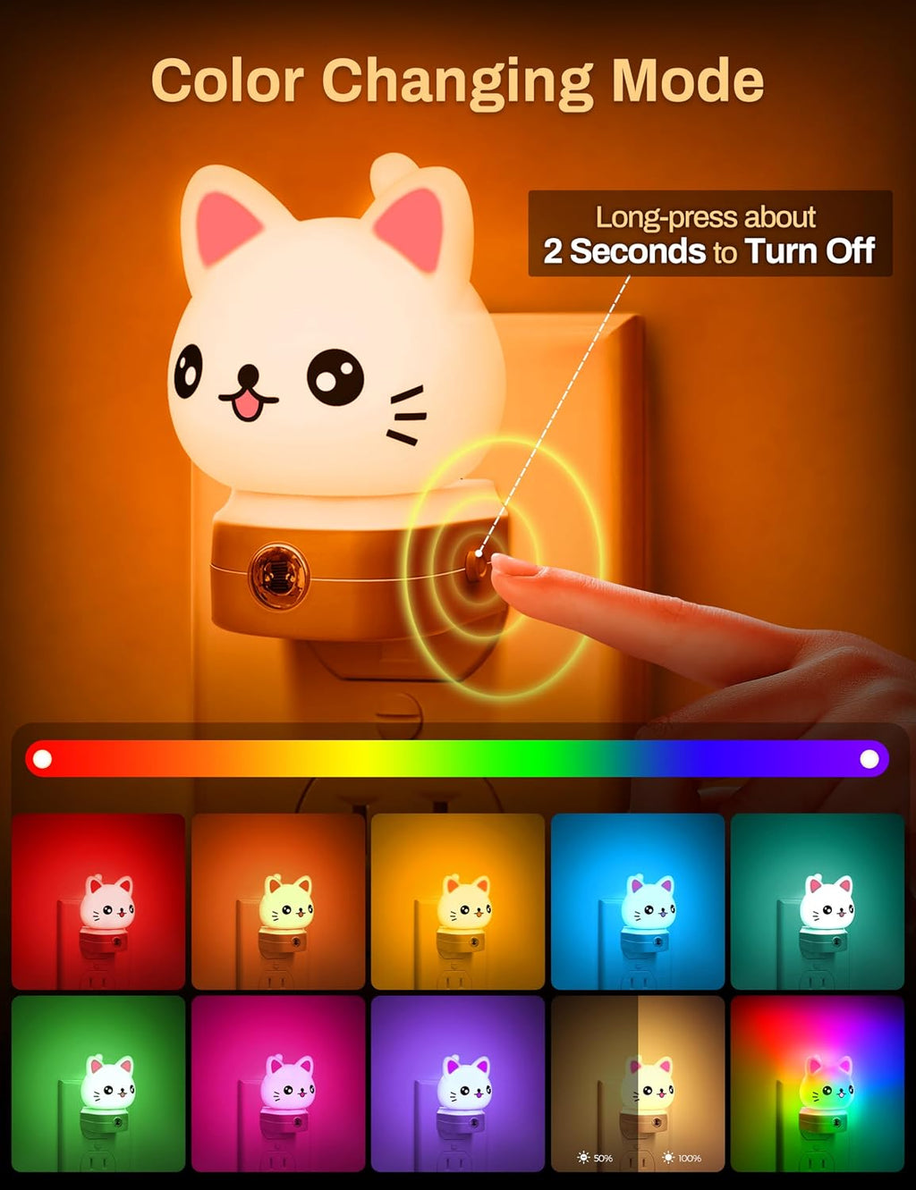 Cat Night Lights Plug Into Wall [2 Pack], Cute Night Light for Kids, 8-Color RGB LED Night Light, Nightlight with Dusk to Dawn Sensor for…