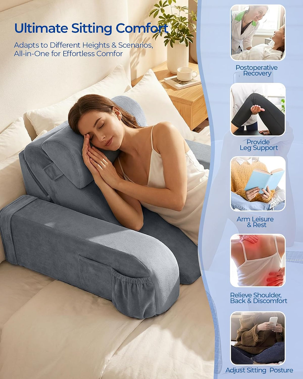 Reading Pillow with 30-90° Stepless Adjustable Angle & Height, 2 in 1 Back Wedge Pillow for Bed Sitting up with Detachable Arms Rest…