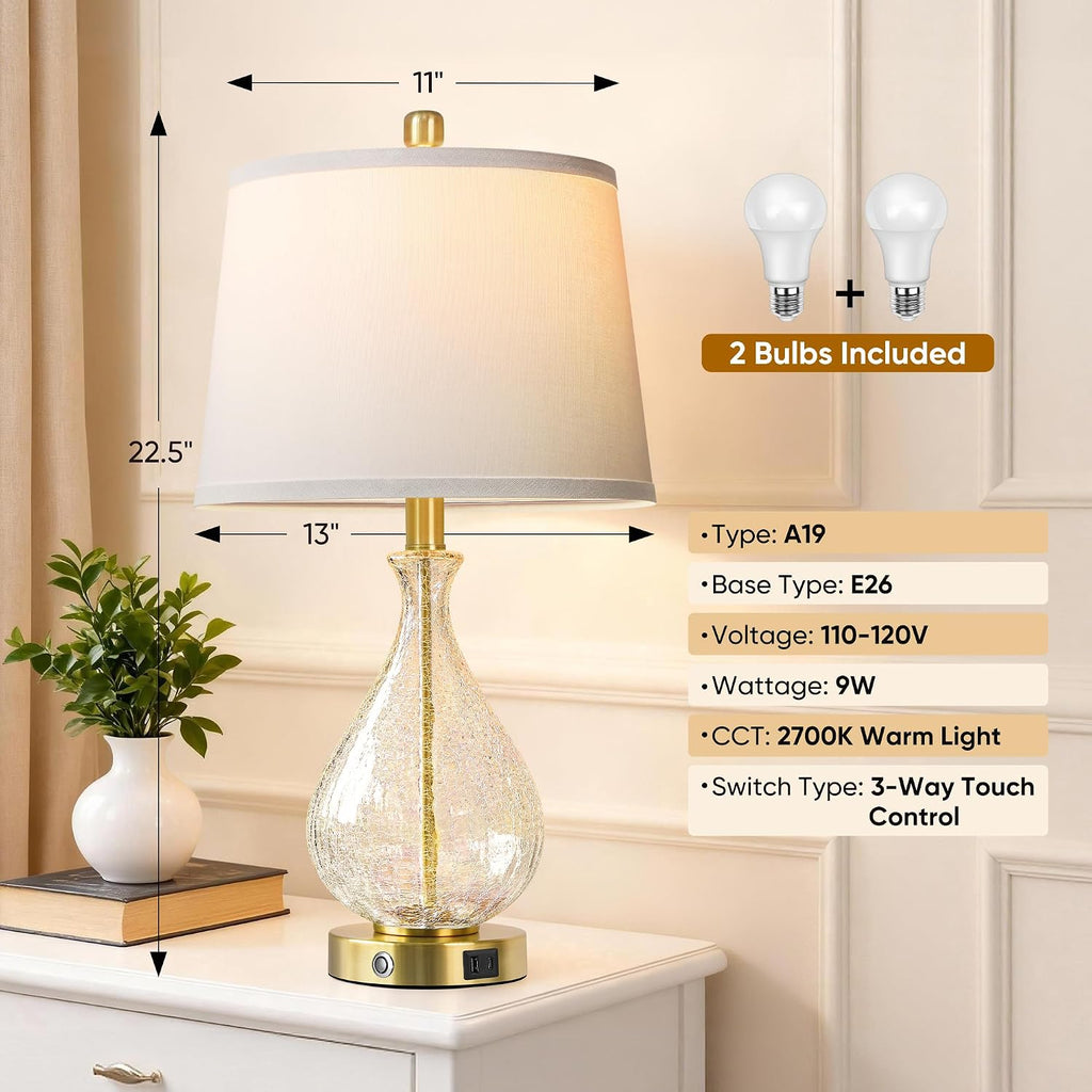 QiMH Glass Table Lamps for Living Room, Bedside Lamps Set of 2 with USB A+C Charging Ports, 3 Way Dimmable Touch Lamps for Nightstand…