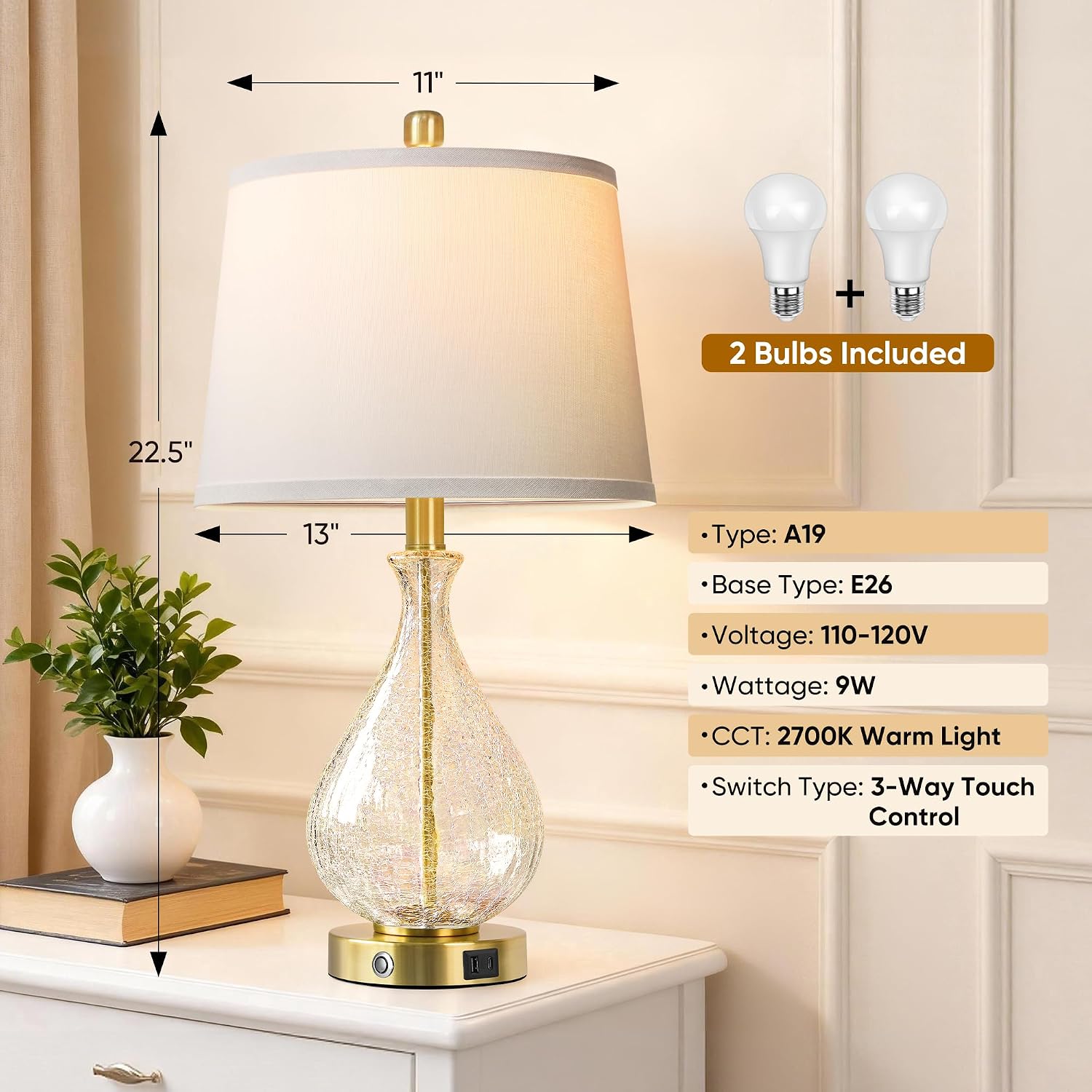 QiMH Glass Table Lamps for Living Room, Bedside Lamps Set of 2 with USB A+C Charging Ports, 3 Way Dimmable Touch Lamps for Nightstand…