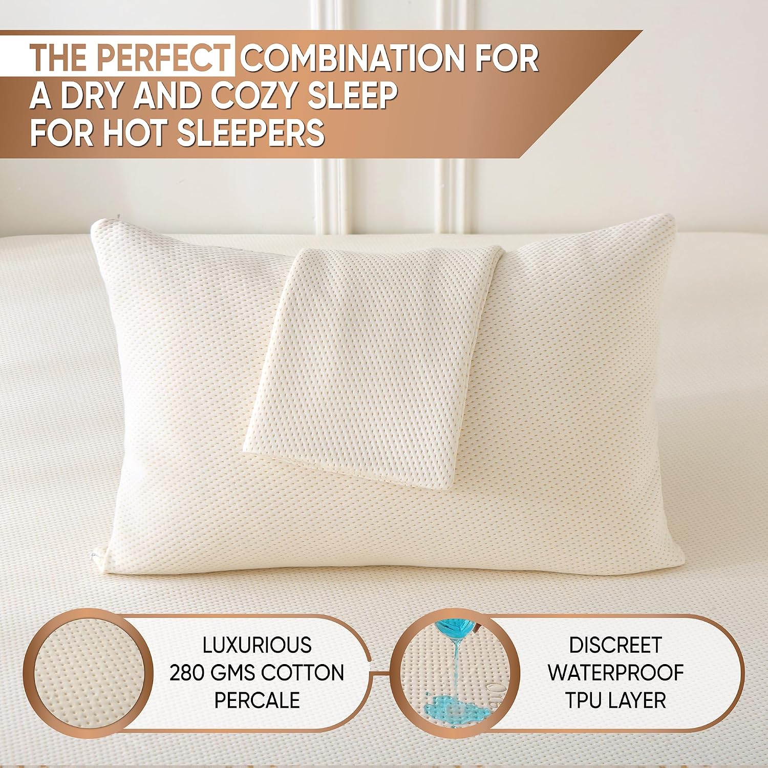 2-Pack Deluxe Cooling Organic Pillow Protectors Queen Size - Waterproof Zippered Encasements - Crisp, Breathable Organic Cotton Surface…