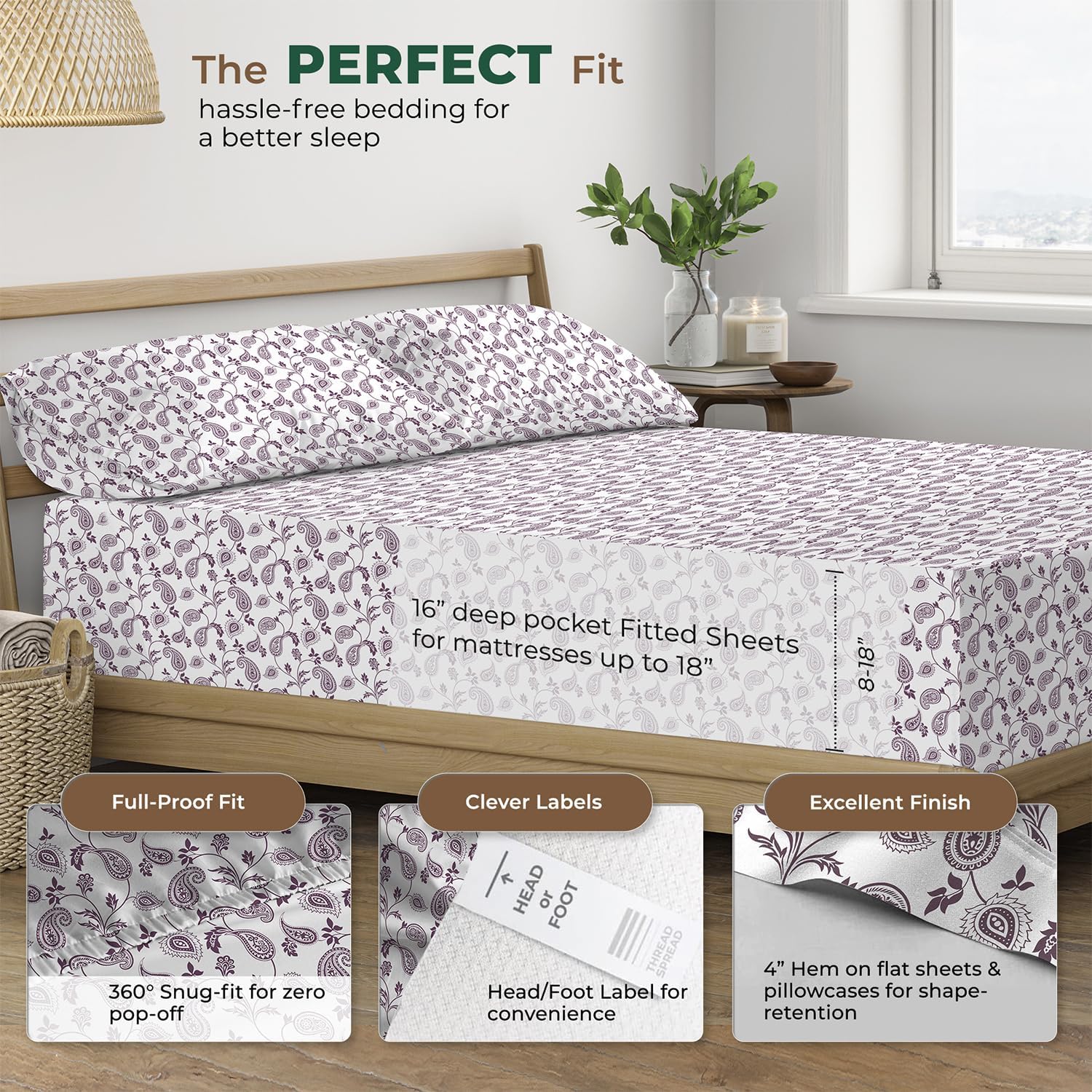 THREAD SPREAD 100% Organic Cotton Sheets Twin XL Size - Organic Cotton Percale Weave Sheet Set (3 PC, Paisley), Soft, Cooling, Crisp &…