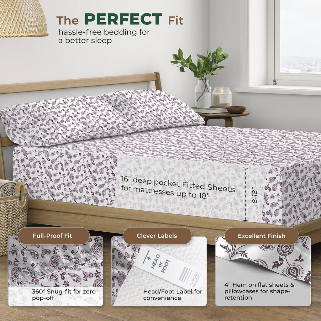 THREAD SPREAD 100% Organic Cotton Sheets Queen Size - Organic Cotton Percale Weave Sheet Set (4 PC, Paisley), Soft, Cooling, Crisp &…