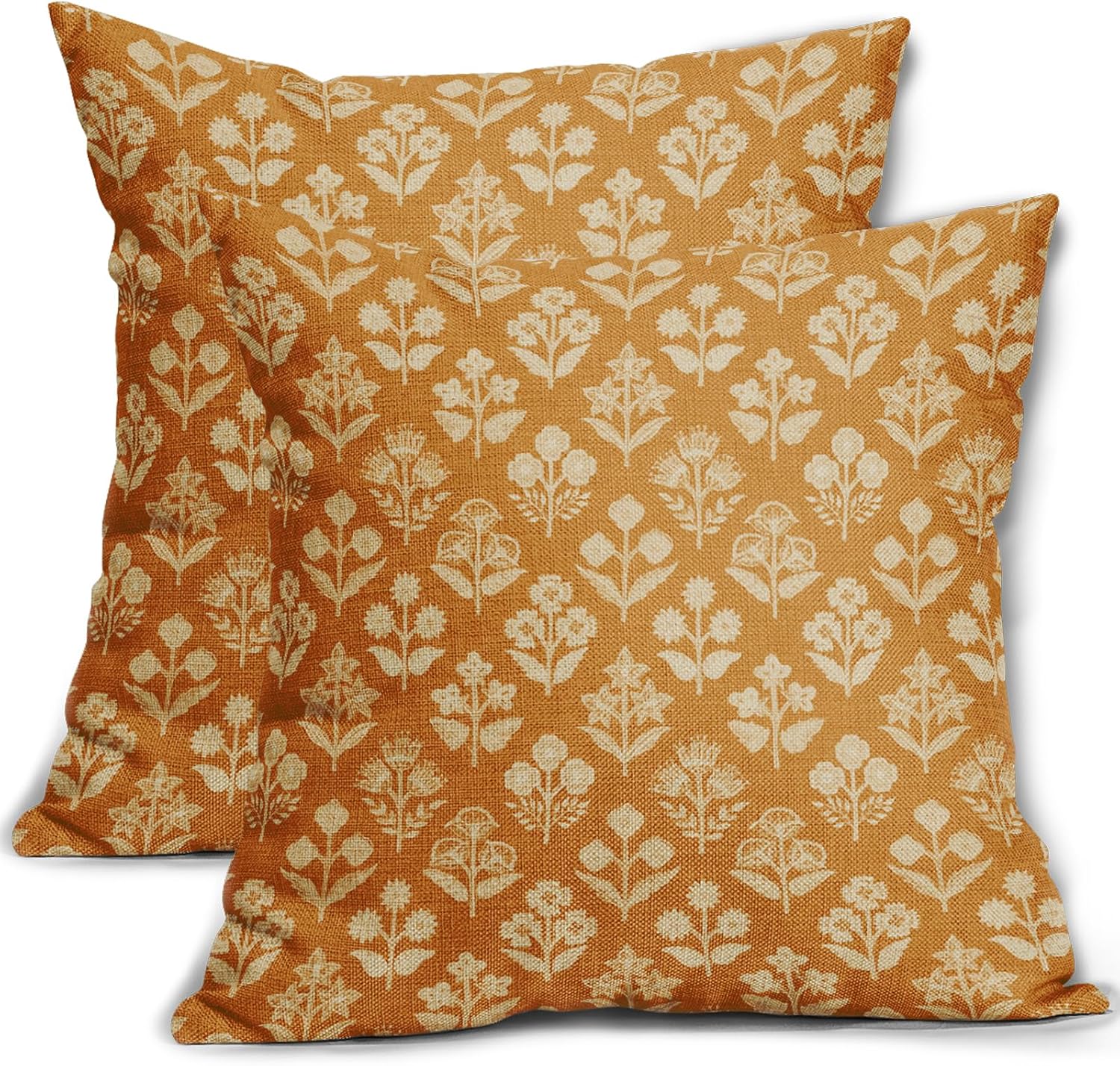 Mustard Yellow Floral Block Print Pillow Covers 18x18 Inch Set of 2, Vintage Flower Pattern Decorative Throw Pillowcases Outdoor…