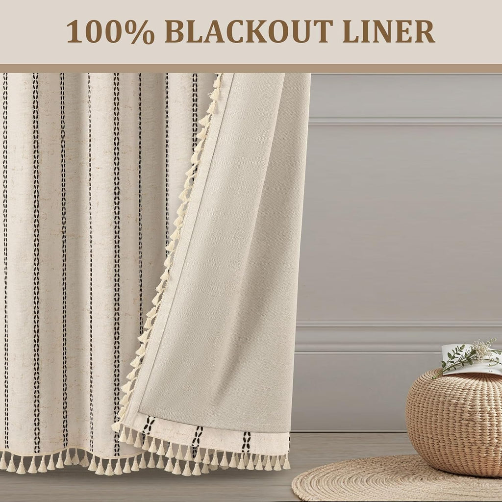 XOGUIBO Beige Boho Blackout Curtains 2 Panels 84 Inch for Living Room Bedroom, Linen Texture Farmhouse Curtains with Tassels and Bla…