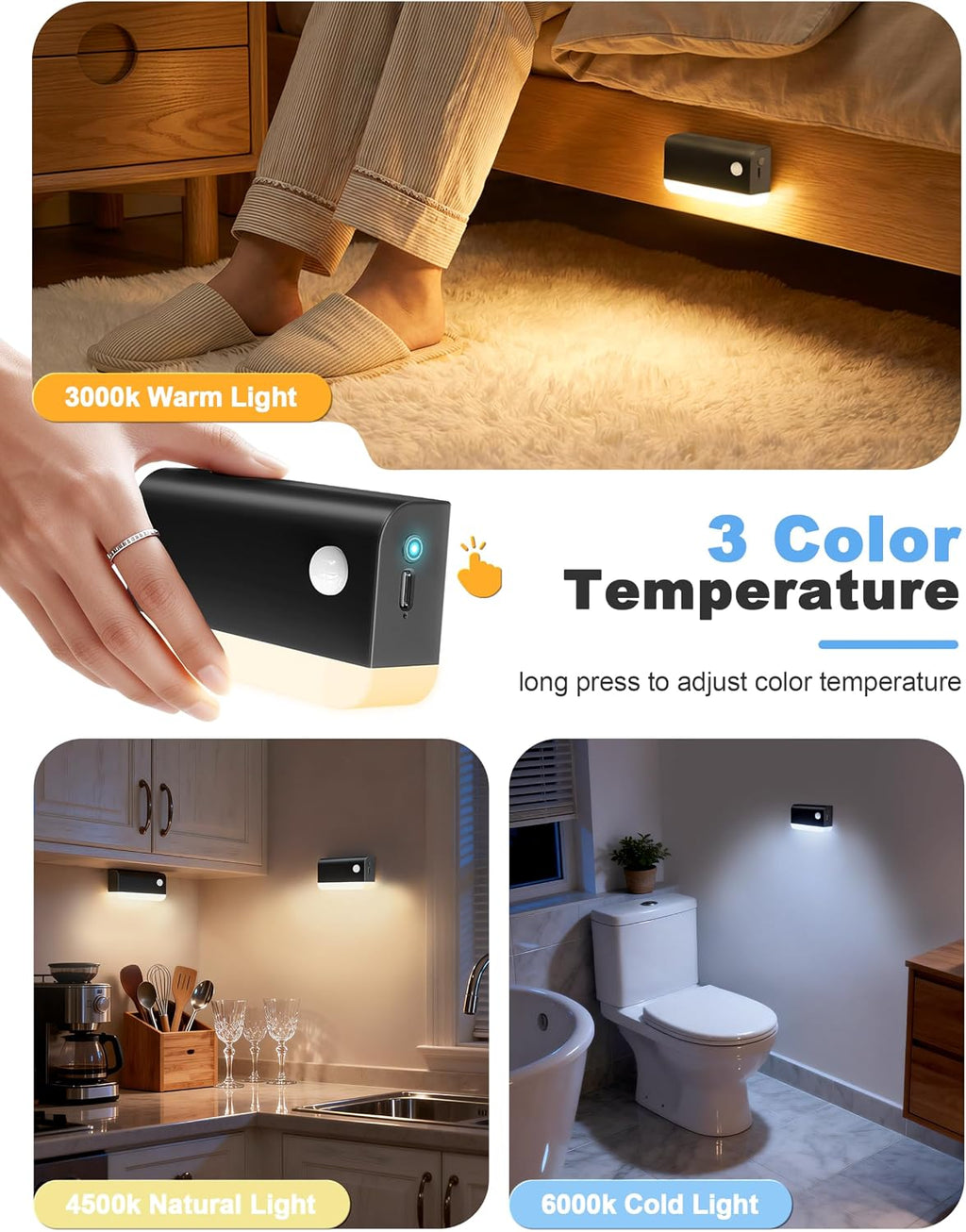 NIORSUN Motion Sensor Stair Lights Indoor, 3 Pack Rechargeable Wireless Step Lights with 3 Color Temperatures, 1200mAh Battery, Magnetic…