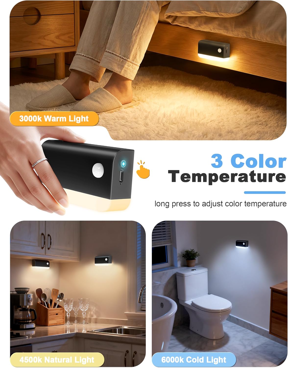 NIORSUN Motion Sensor Stair Lights Indoor, 3 Pack Rechargeable Wireless Step Lights with 3 Color Temperatures, 1200mAh Battery, Magnetic…
