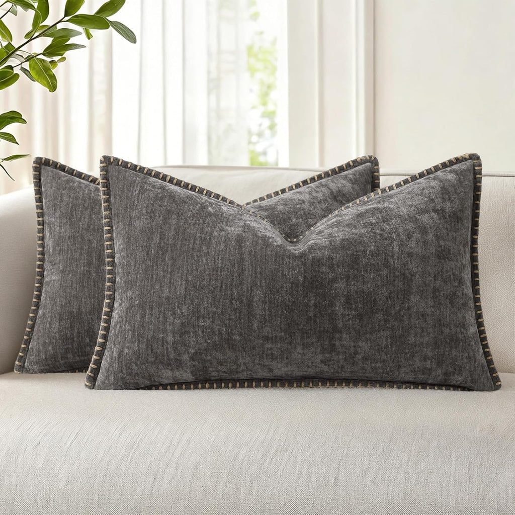 decorUhome Chenille Soft Throw Pillow Covers 12x20 Set of 2, Lumbar Velvet Farmhouse Neutral Decorative Pillow Covers with Stitched Edge fo…
