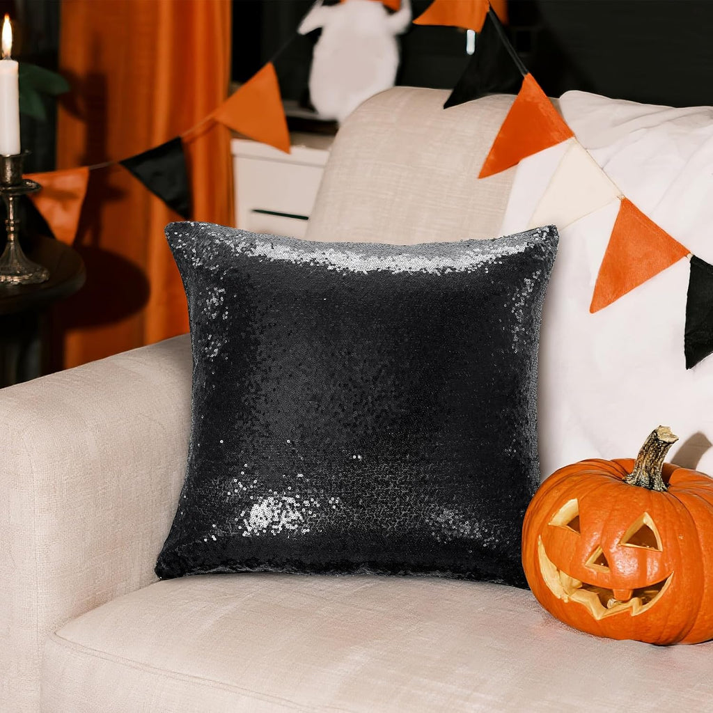 Eternal Beauty Set of 2 Sequin Decorative Pillow Cases Black Pillow Covers for Couch Bed Throw Pillows 18 X 18 Inches