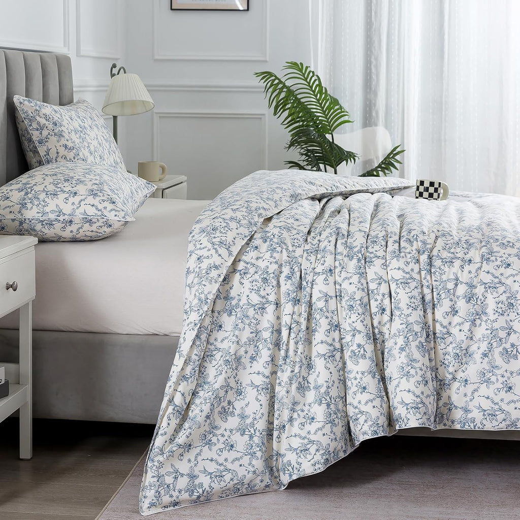 Puralens Blue Floral Duvet Cover King Size 100% Cotton, Vintage Pattern Soft Crisp Toile Comforter Cover Set, Aesthetic Cute Reversible Per…