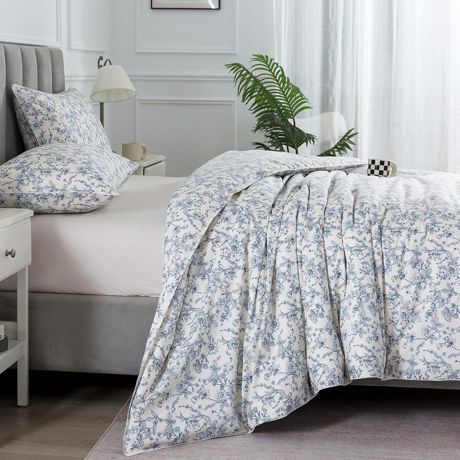 Puralens Blue Floral Duvet Cover King Size 100% Cotton, Vintage Pattern Soft Crisp Toile Comforter Cover Set, Aesthetic Cute Reversible Per…
