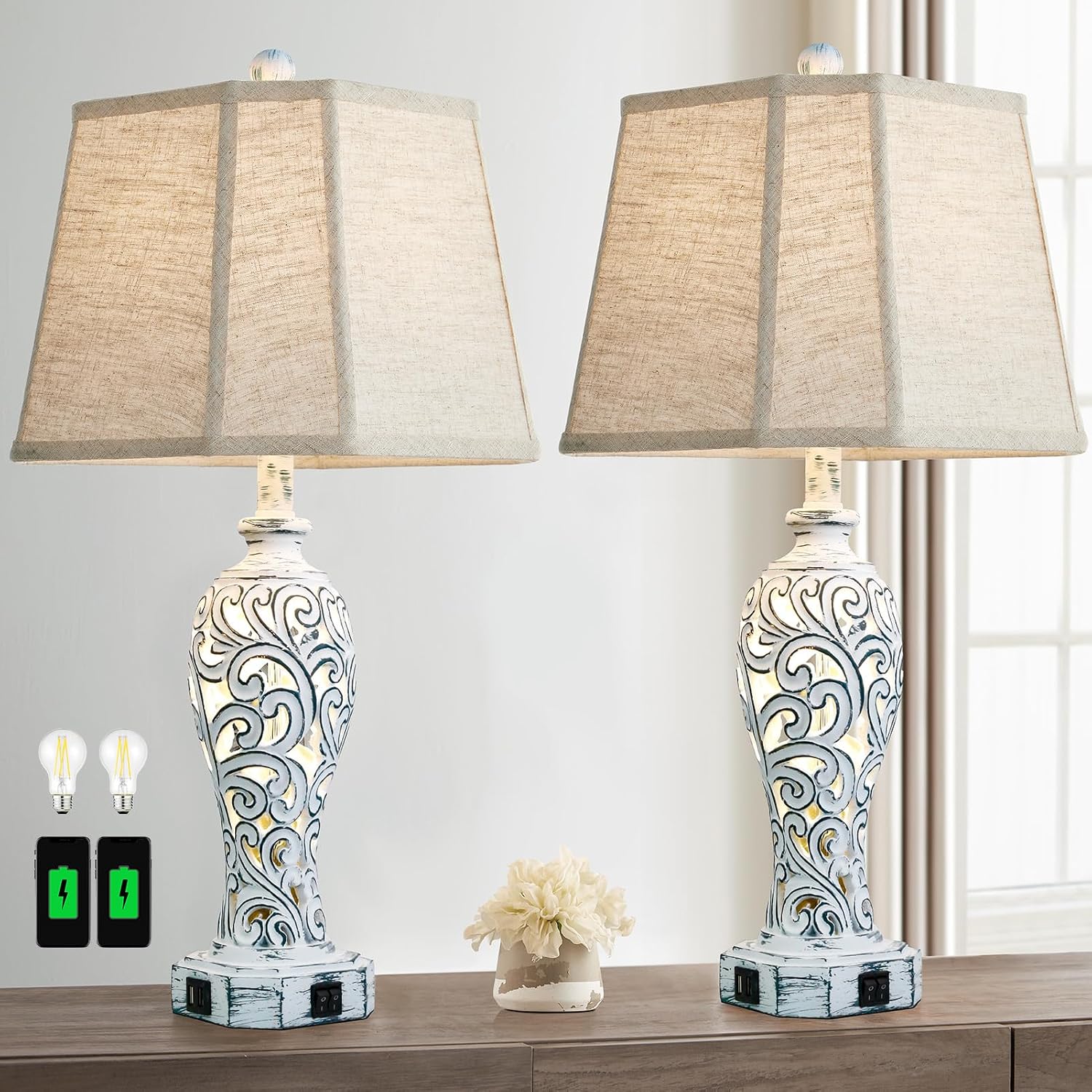 25'' Farmhouse Table Lamps Set of 2 for Living Room Bedroom, 2 USB Ports Rustic Vintage Nightstand Table Lamp with Nightlight, Hollow Out…