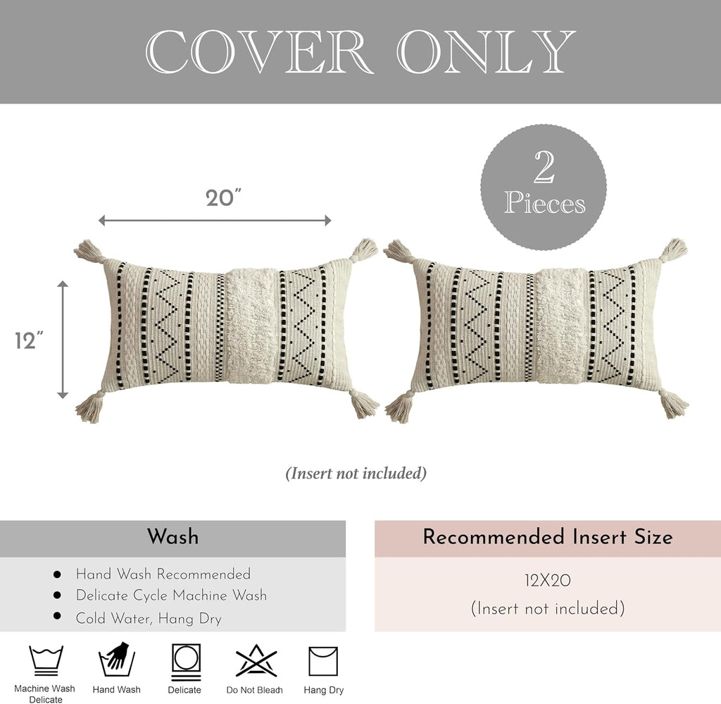 BlissBlush Decorative Lumbar Throw Pillow Covers 12x20 Combo Set of 2 Rectangular Boho Accent Pillowcase Black Neutral Farmhouse Cushion…