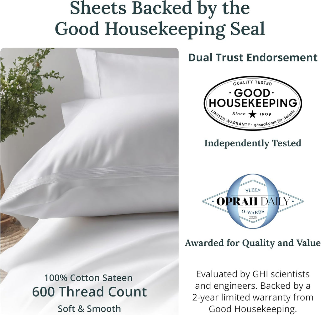 CaliforniaDesignDen California Design Den 100% Cotton Split King Sheets, 600 Thread Count Sateen, Soft, Cooling Cotton Sheets, Durable Bedd…
