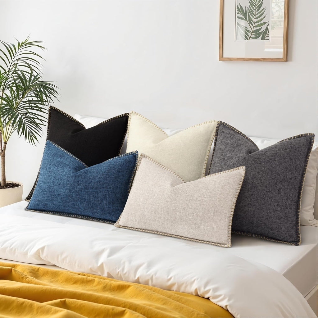 decorUhome Summer Decorative Throw Pillow Covers 20x20 Set of 2 Square Faux Linen Outdoor Neutral Farmhouse Pillow Covers with Stitched…