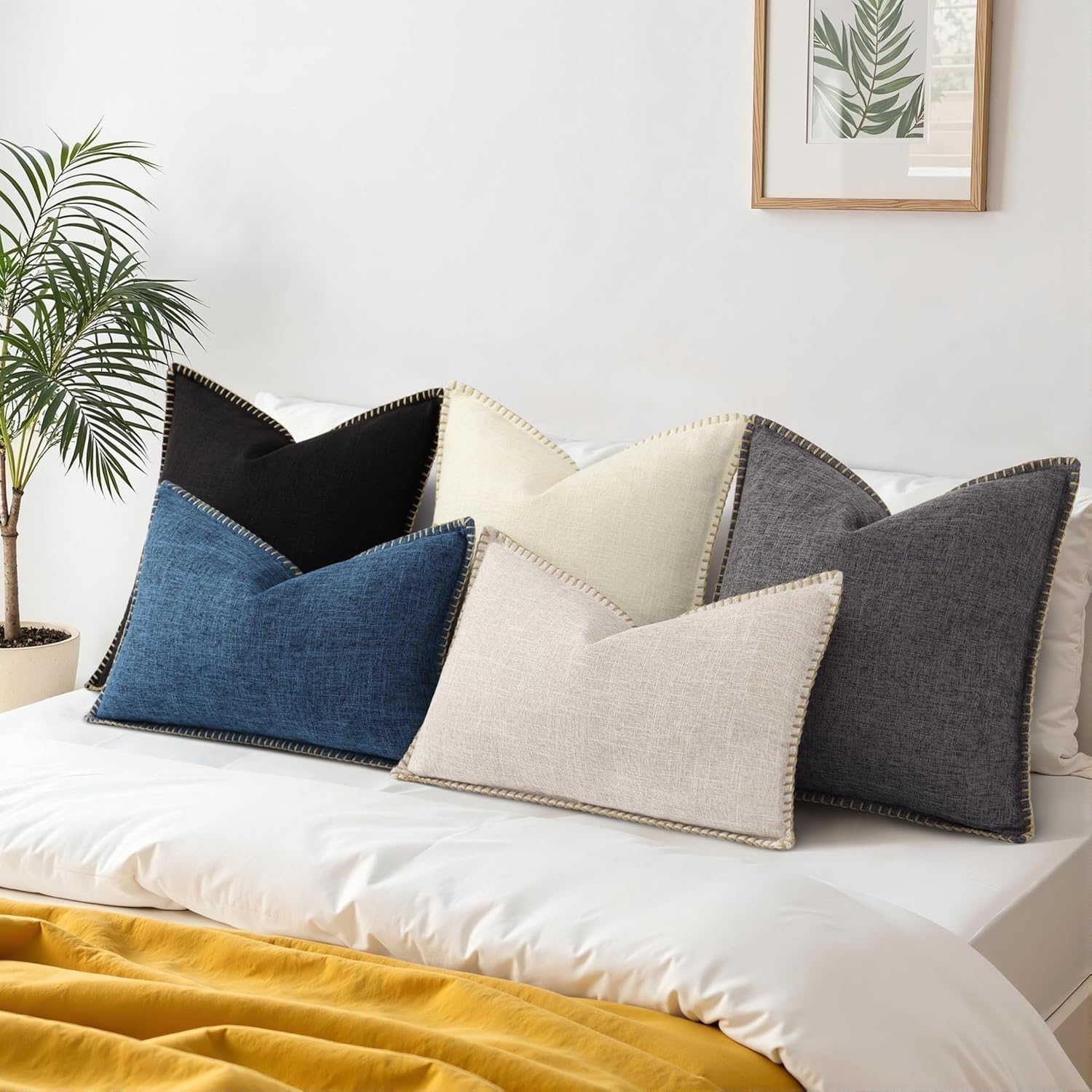 decorUhome Summer Decorative Throw Pillow Covers 16x16 Set of 2 Square Faux Linen Outdoor Neutral Farmhouse Pillow Covers with Stitched…
