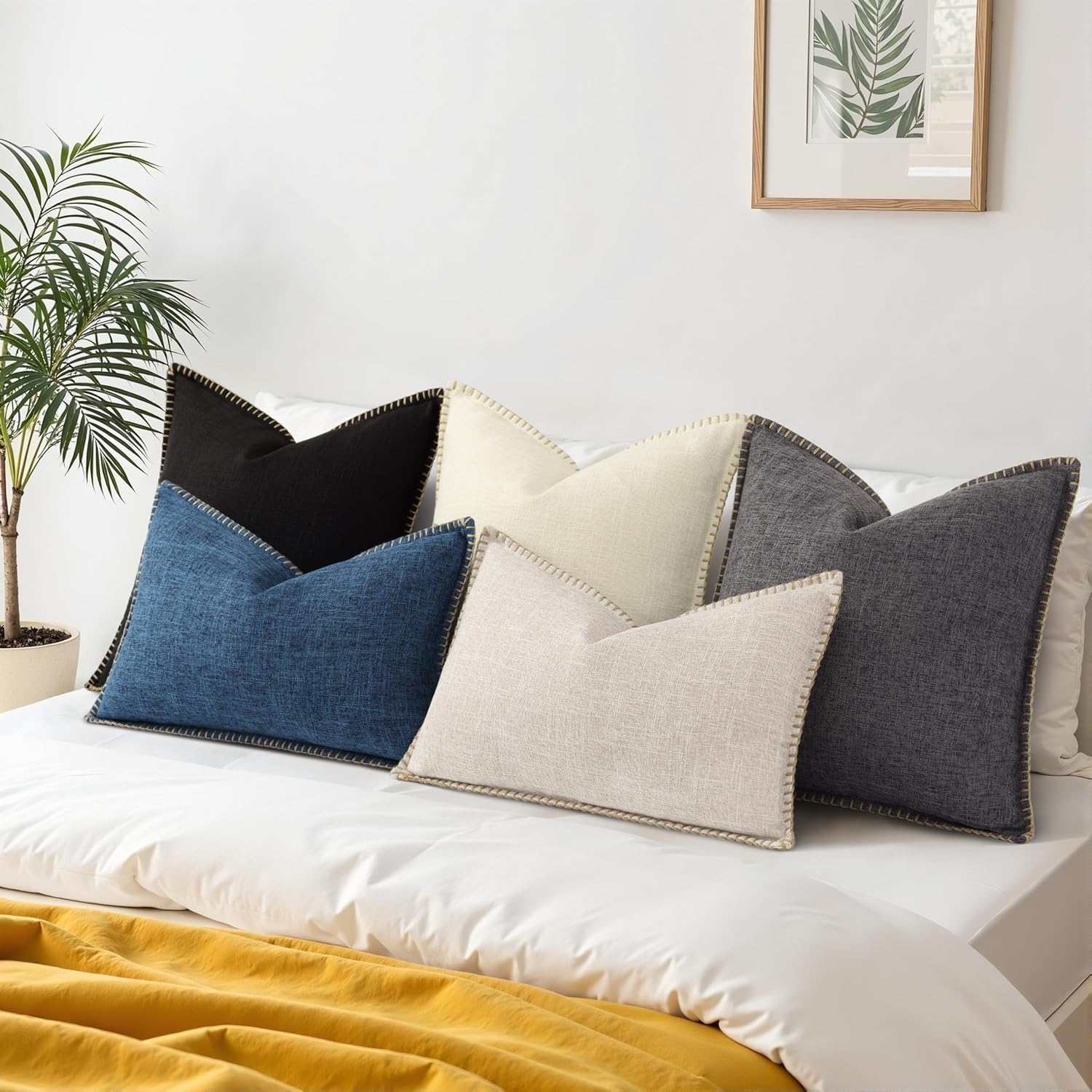 decorUhome Summer Decorative Throw Pillow Covers 12x20 Set of 2 Lumbar Faux Linen Outdoor Neutral Farmhouse Pillow Covers with Stitched…
