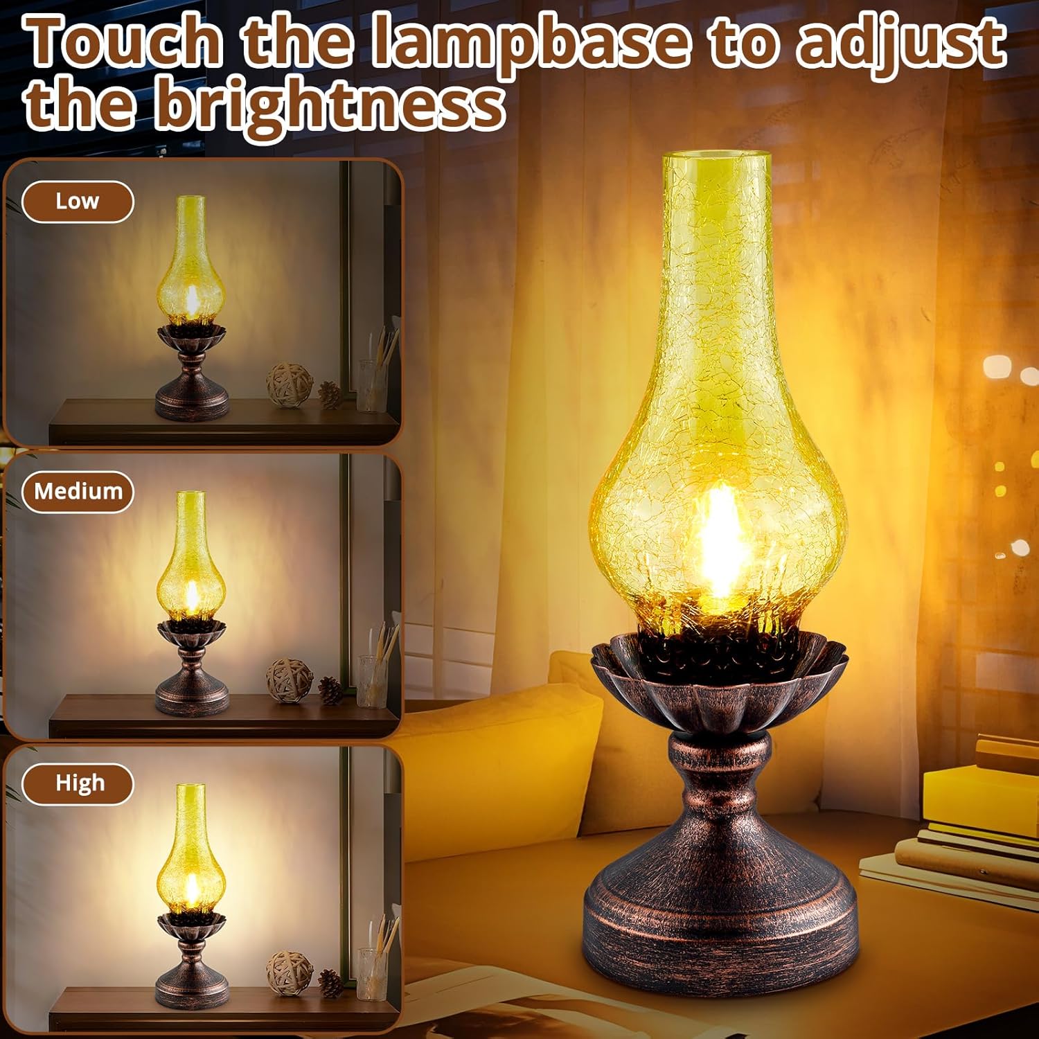 Vintage Table Lamp, Touch Control & 3-Way Dimmable Rustic Retro Farmhouse Bedside Lamp with Amber Glass Shade and LED Bulb for Bedroom…