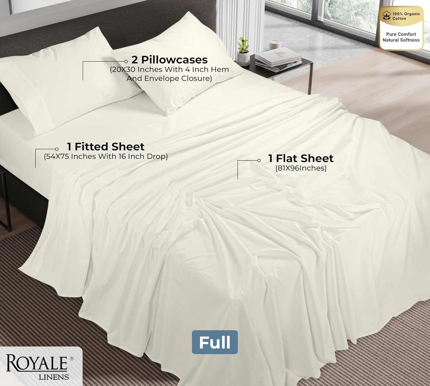 Royalelinens ROYALE LINENS 100% Organic Cotton Full Sheet Set - Percale Weave - 4 Pieces Set - 1 Flat, 1 Deep Pocket Fitted Sheet and 2 Pil…