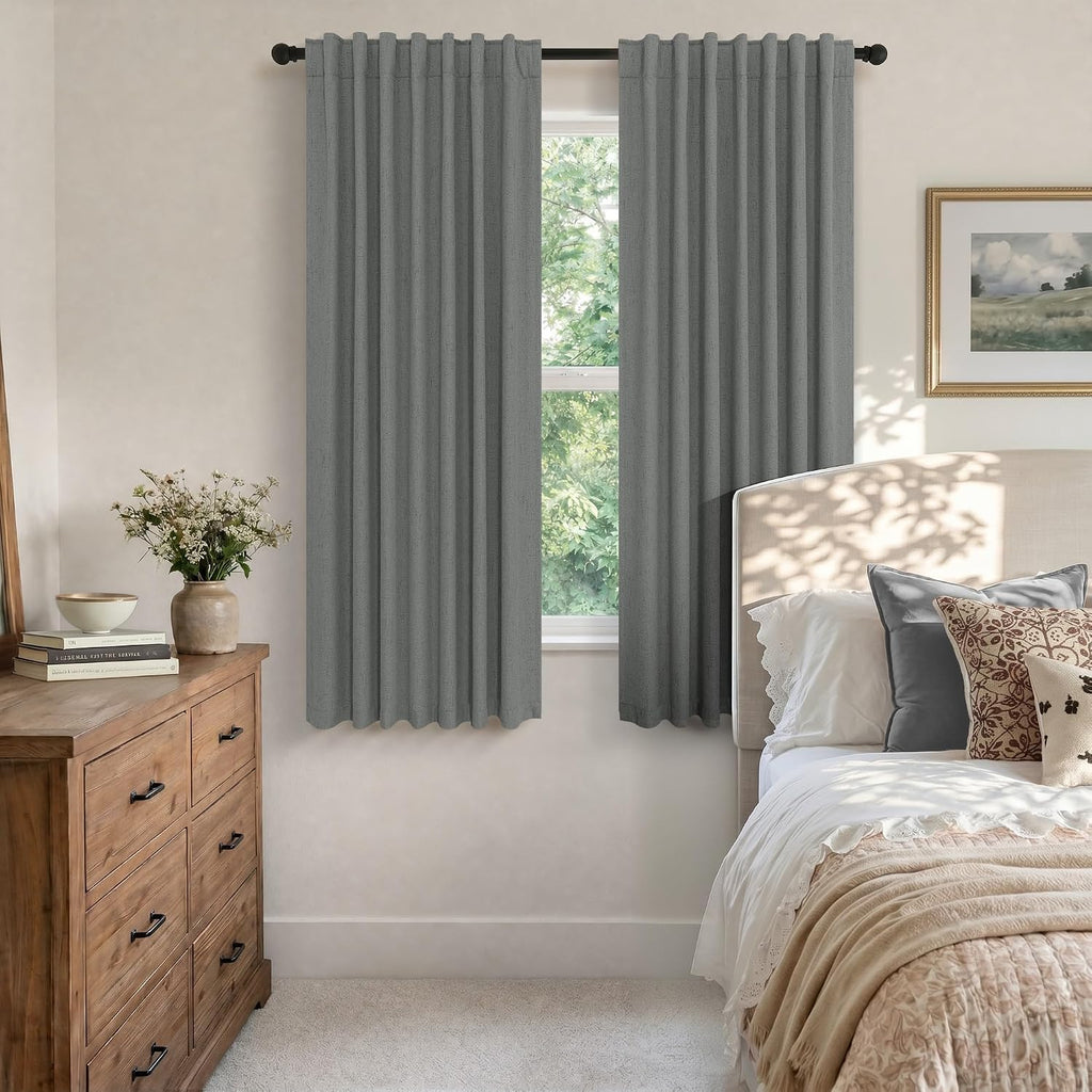 Pitalk Charcoal Grey Curtains for Bedroom 2 Panel Set 63 Inch Length 100% Blackout Linen Look Thermal Insulated Light Blocking Darkening Ba…