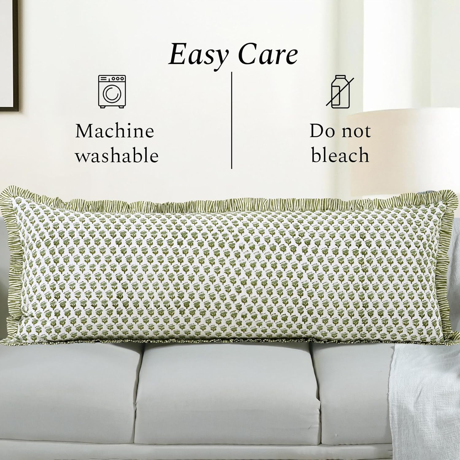 Cottonprintclub CPC Hand Block Print Emerald Green Ruffle Sham Pillow Cover 54" x 20" inch Hidden Zipper Decorative Pillowcase for Couch, B…