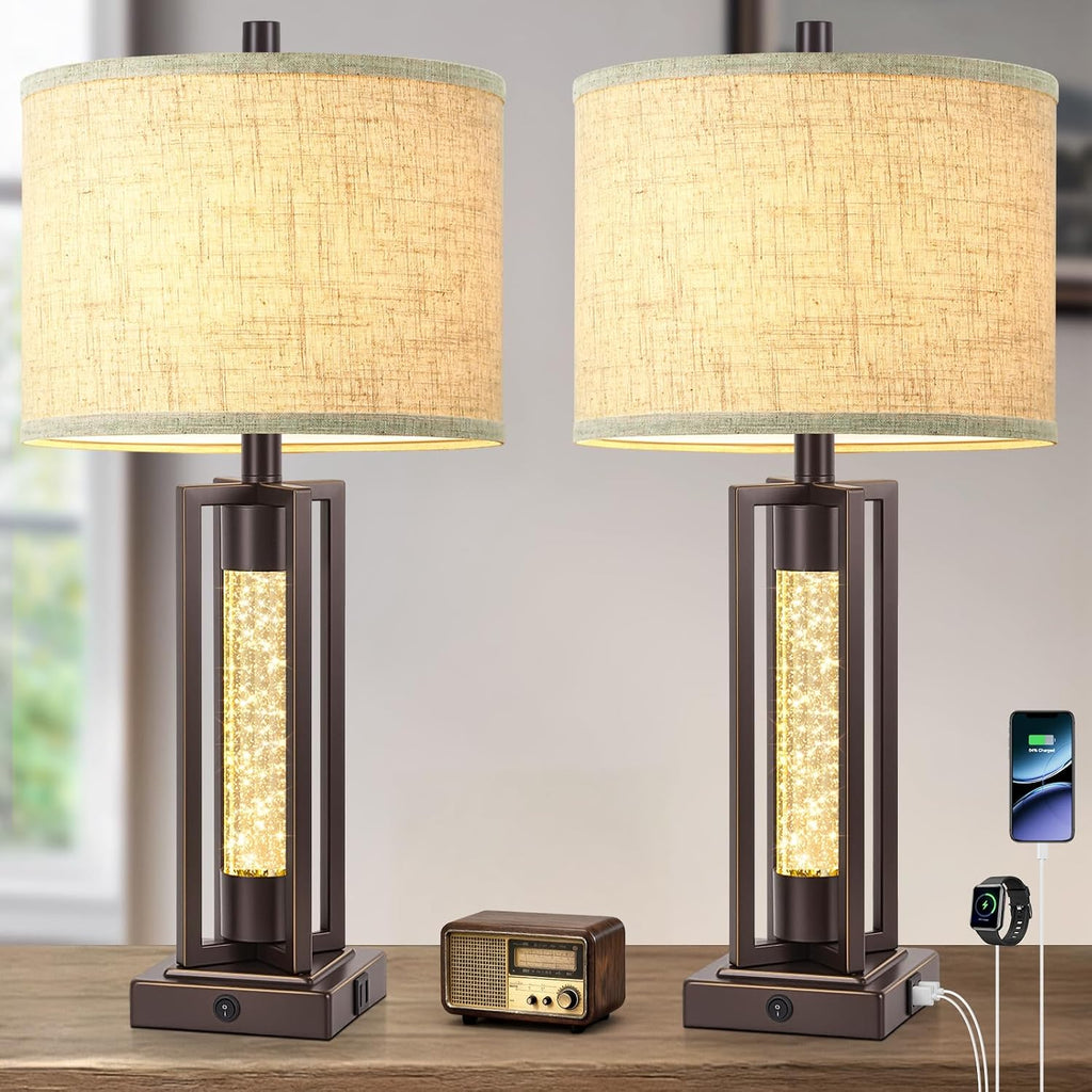 Tobusa 26’’ Vintage Table Lamps for Living Room Set of 2, Farmhouse Lamps for Bedroom with 2 USB Ports and Crystal Night Light, Rustic Beds…