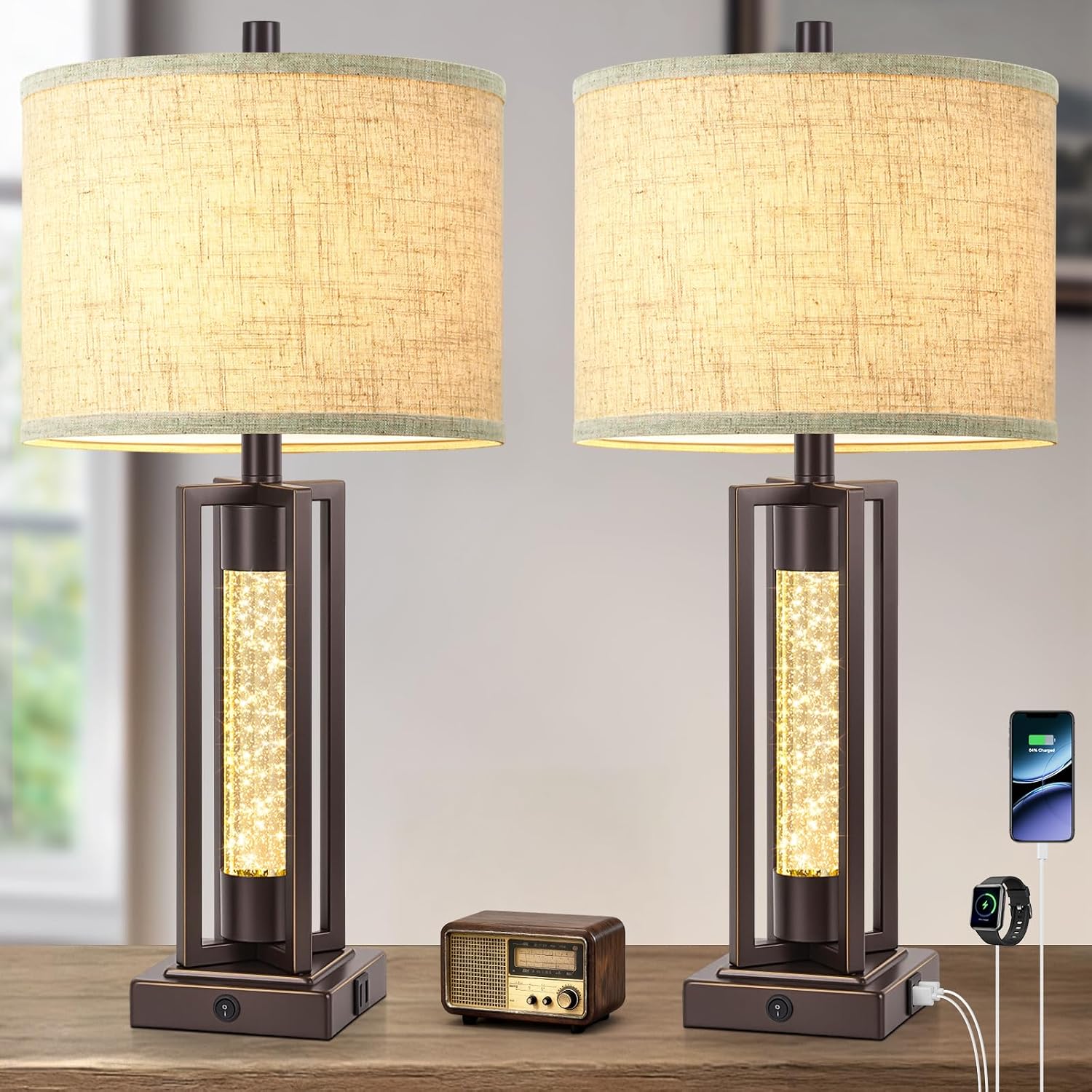 Tobusa 26’’ Vintage Table Lamps for Living Room Set of 2, Farmhouse Lamps for Bedroom with 2 USB Ports and Crystal Night Light, Rustic Beds…
