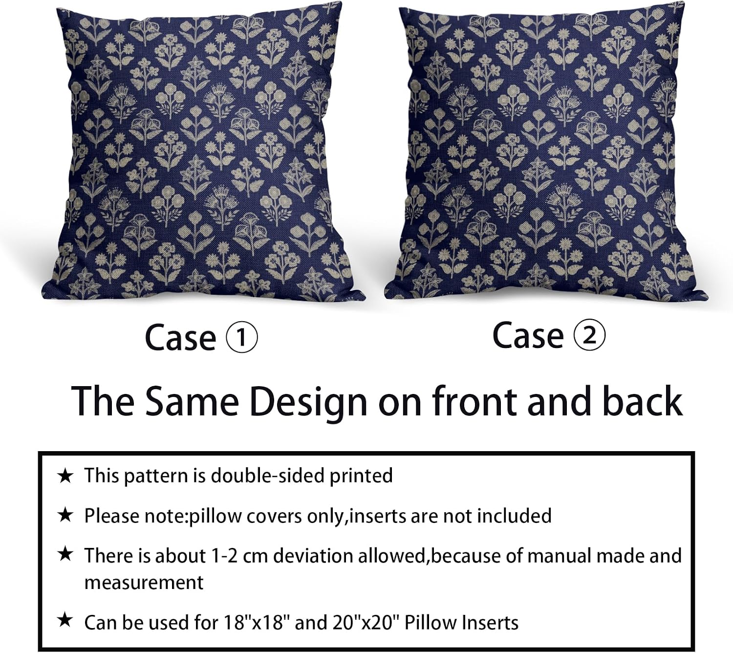 Navy Blue Floral Block Print Pillow Covers 18x18 Inch Set of 2, Vintage Flower Pattern Decorative Throw Pillowcases Outdoor Farmhouse…