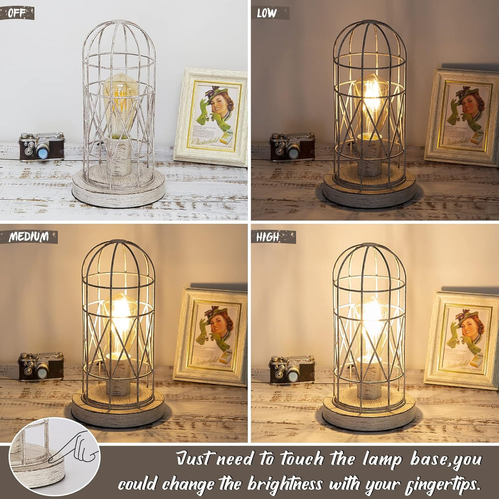 Small Table Lamp, Touch Control Table Lamp with Brushed White Oak Cage, Farmhouse Bedside Lamp 3-way Dimmable Nightstand Lamp Edison Lamp…