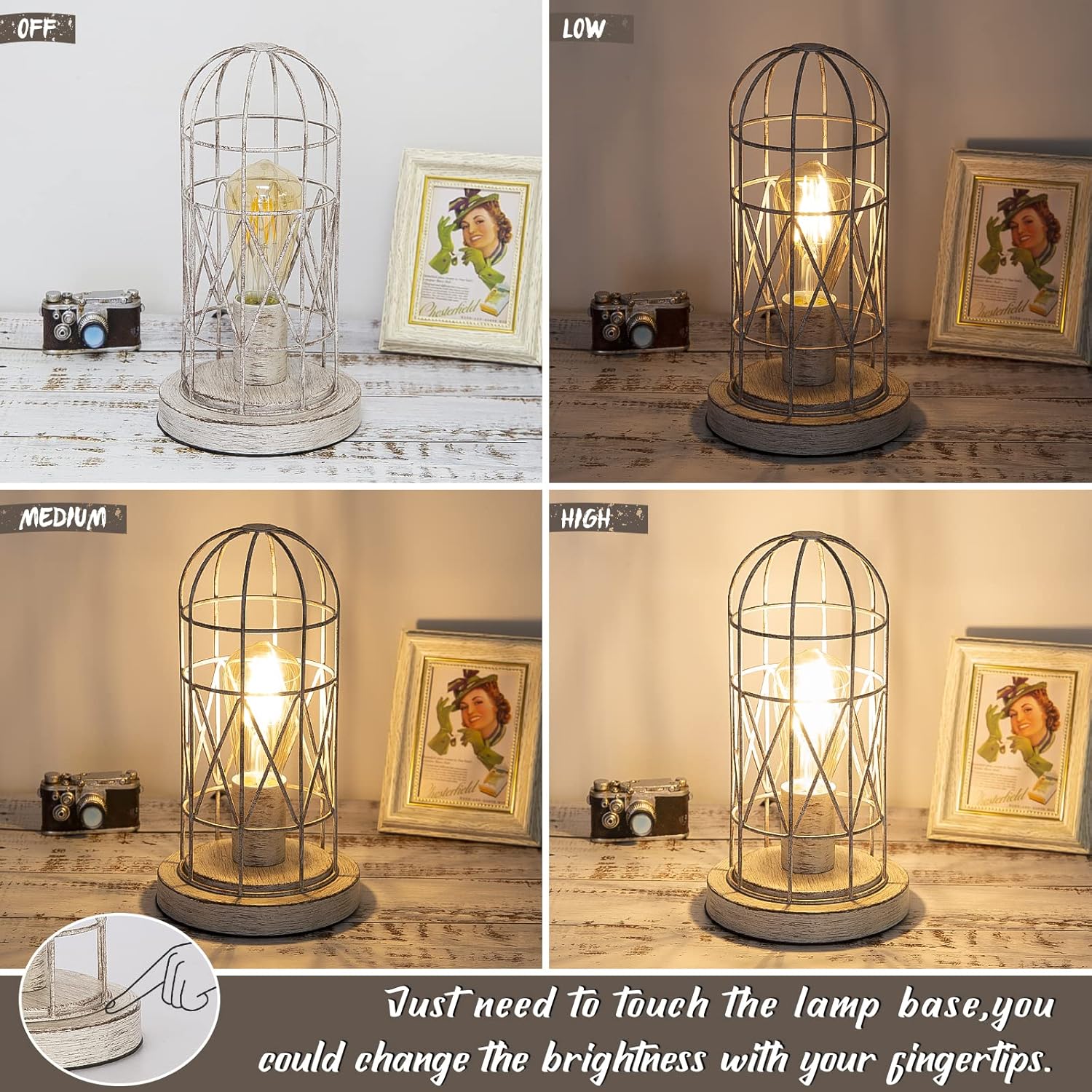 Small Table Lamp, Touch Control Table Lamp with Brushed White Oak Cage, Farmhouse Bedside Lamp 3-way Dimmable Nightstand Lamp Edison Lamp…