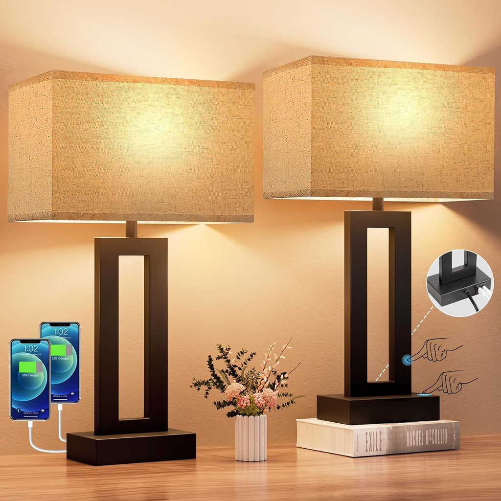Seealle Bedroom Lamps for Night Stands - Touch Control, 3 Way Dimmable, USB C+A Charging, LED Bulbs, Easy Assembly