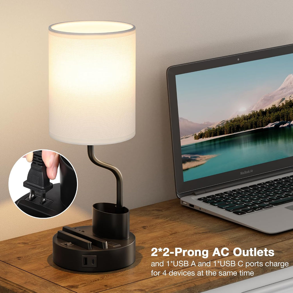 White Bedside Table Lamps for Bedroom Set of 2 - Nightstand Light with AC Outlet and USB A & C for Charging, 3 Color Temperatures Desk…