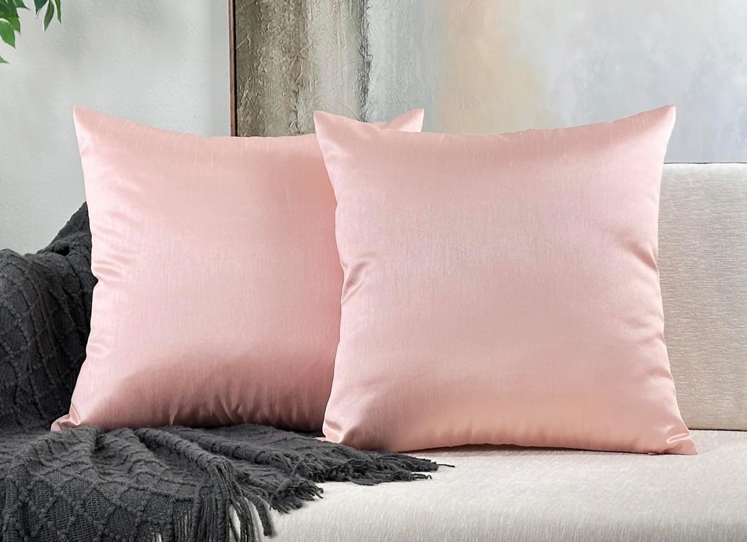 Aiking Home 18x18 Inches Faux Silk Square Throw Pillow Cover, Zipper Closure, Rose Pink (Set of 2)