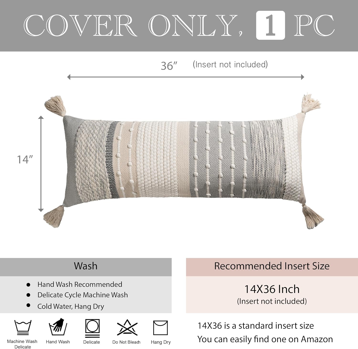 BlissBlush Gray Boho Lumbar Throw Pillow Cover 14x36 Grey Accent Long Body Lumbar Pillow for Bed Decorative Modern Bohemian Woven…