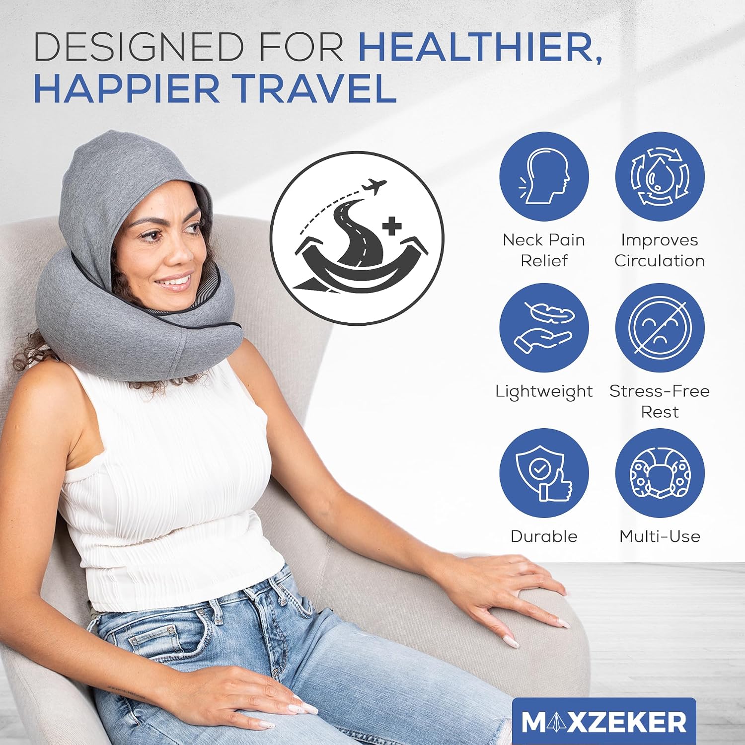 Travel Neck Pillows for Airplanes – Sleep Comfortably on Long Flights, Roadtrips, Home or Office. All-in-One Travel Sleep Kit with Hood…