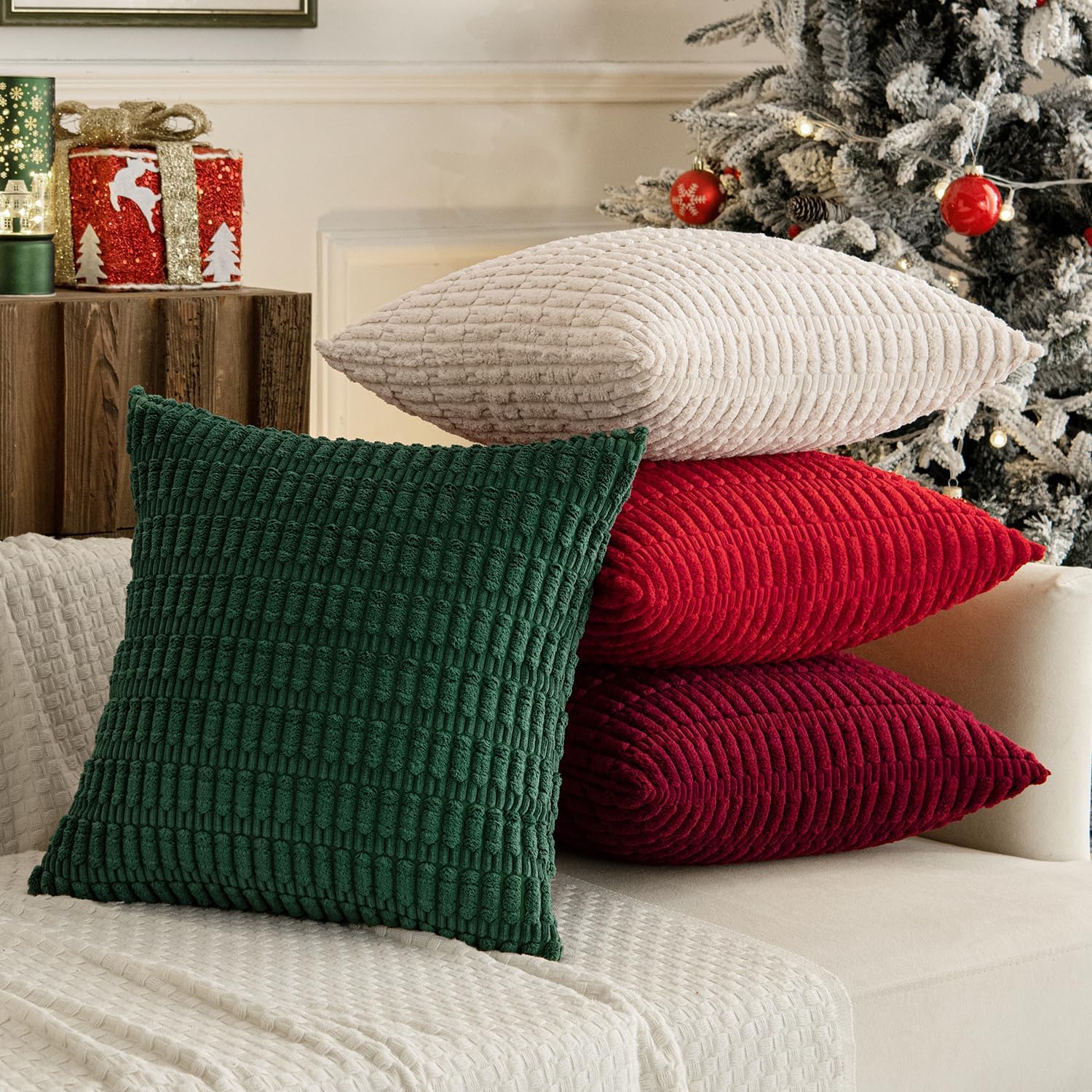 Miulee Pack of 4 Christmas Boho Farmhouse Red and Green Corduroy Decorative Throw Pillow Covers 20x20 Inch Retro Soft Striped Pillow Covers…