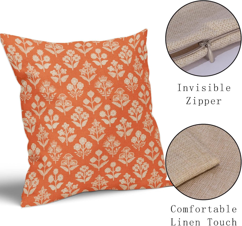 Orange Floral Block Print Pillow Covers 20x20 Inch Set of 2, Vintage Flower Pattern Decorative Throw Pillowcases Outdoor Farmhouse…