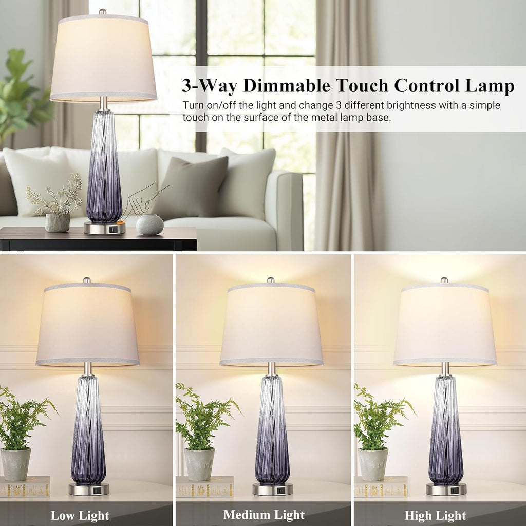 Glass Table Lamps for Living Room, Modern Bedside Lamps with USB A+C Ports, 3-Way Dimmable Touch Control Nightstand Lamp with White Linen…