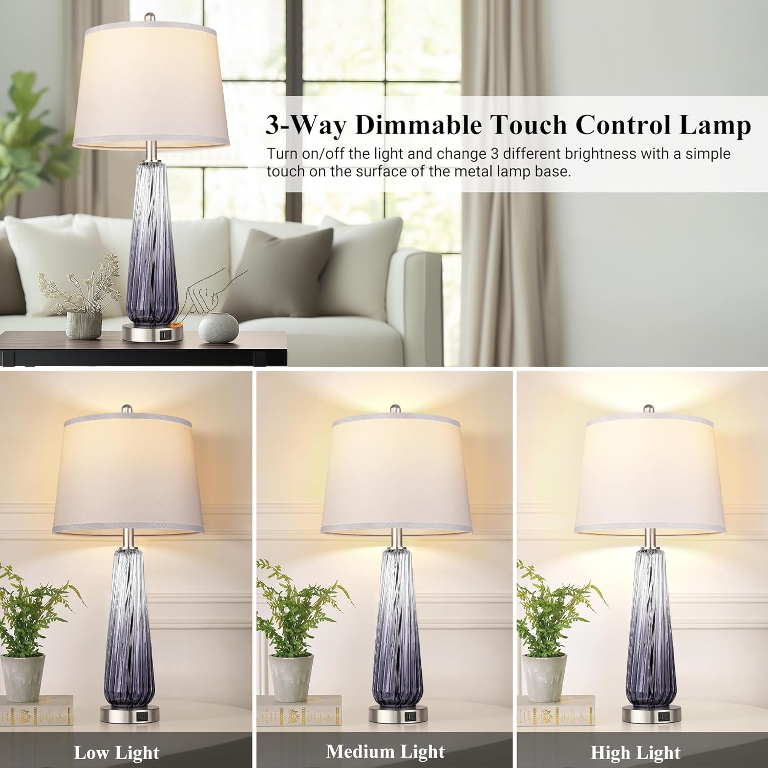 Glass Table Lamps for Living Room, Modern Bedside Lamps with USB A+C Ports, 3-Way Dimmable Touch Control Nightstand Lamp with White Linen…