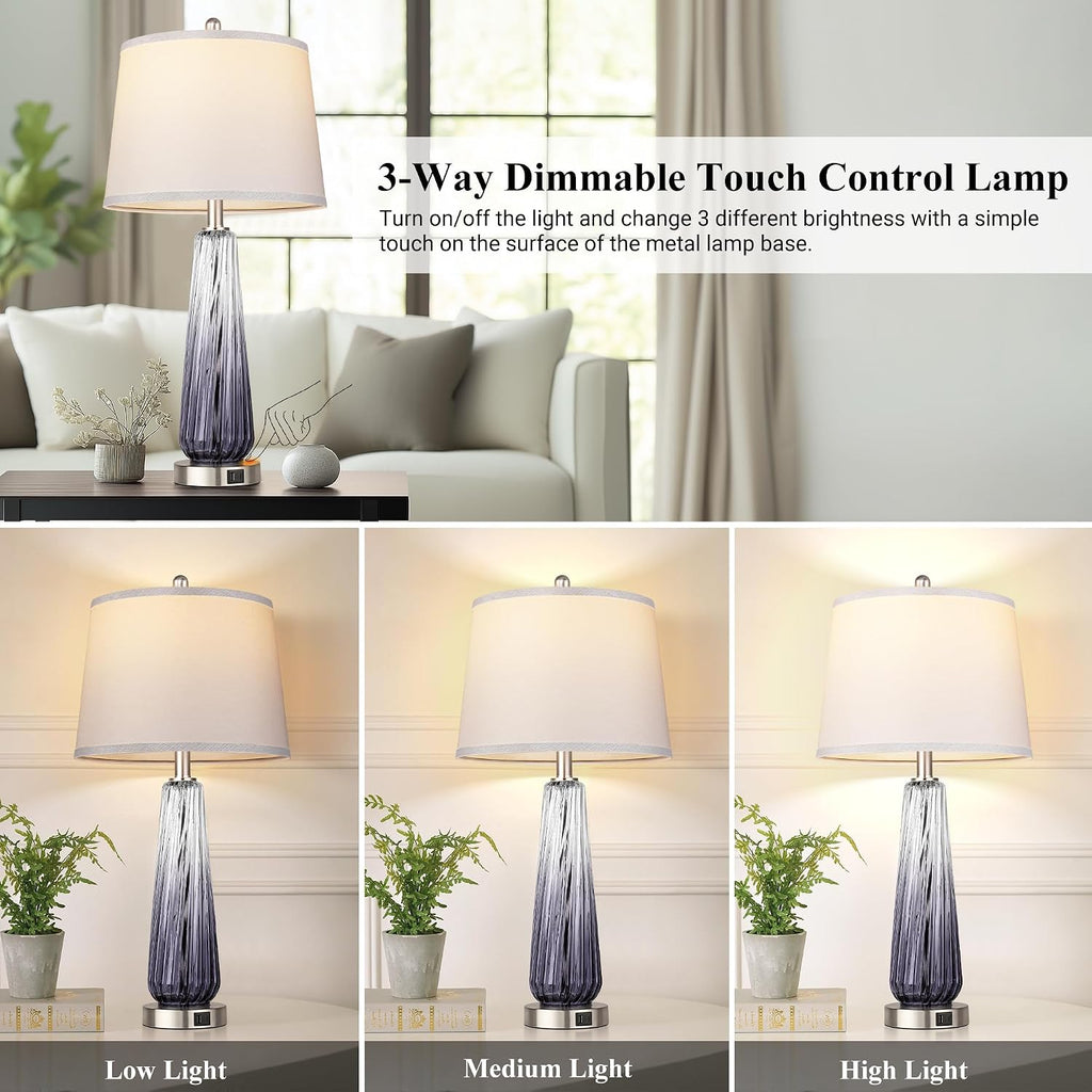 Glass Table Lamps Set of 2, Modern Bedside Lamps for Bedrooms with USB A+C Ports, 3-Way Dimmable Touch Control Nightstand Lamp with White…